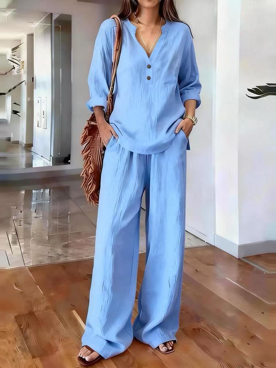 V Neck 2 Button Long Sleeve Top & Wide Leg Pants Two Piece Loungewear Set 5