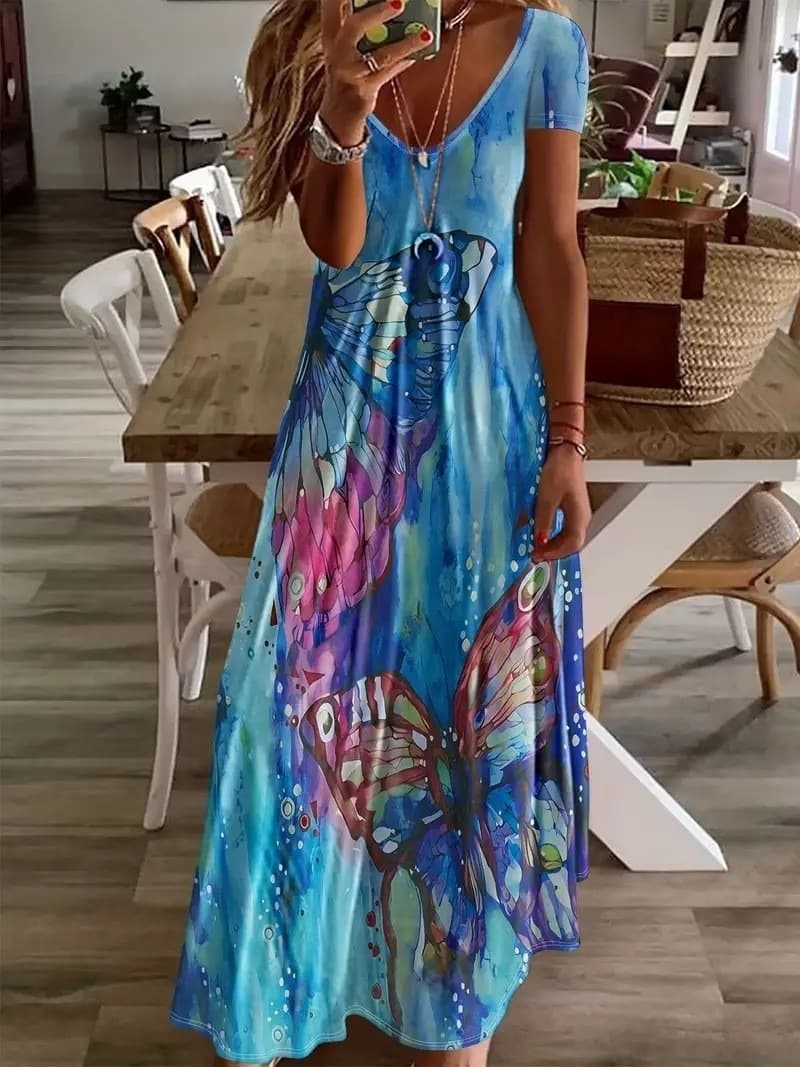 2026 Summer New Arrival, Slim Fit Short Sleeve Dress, Butterfly Print, Low-cut V-neck Camisole & Full Swing Long Skirt 3