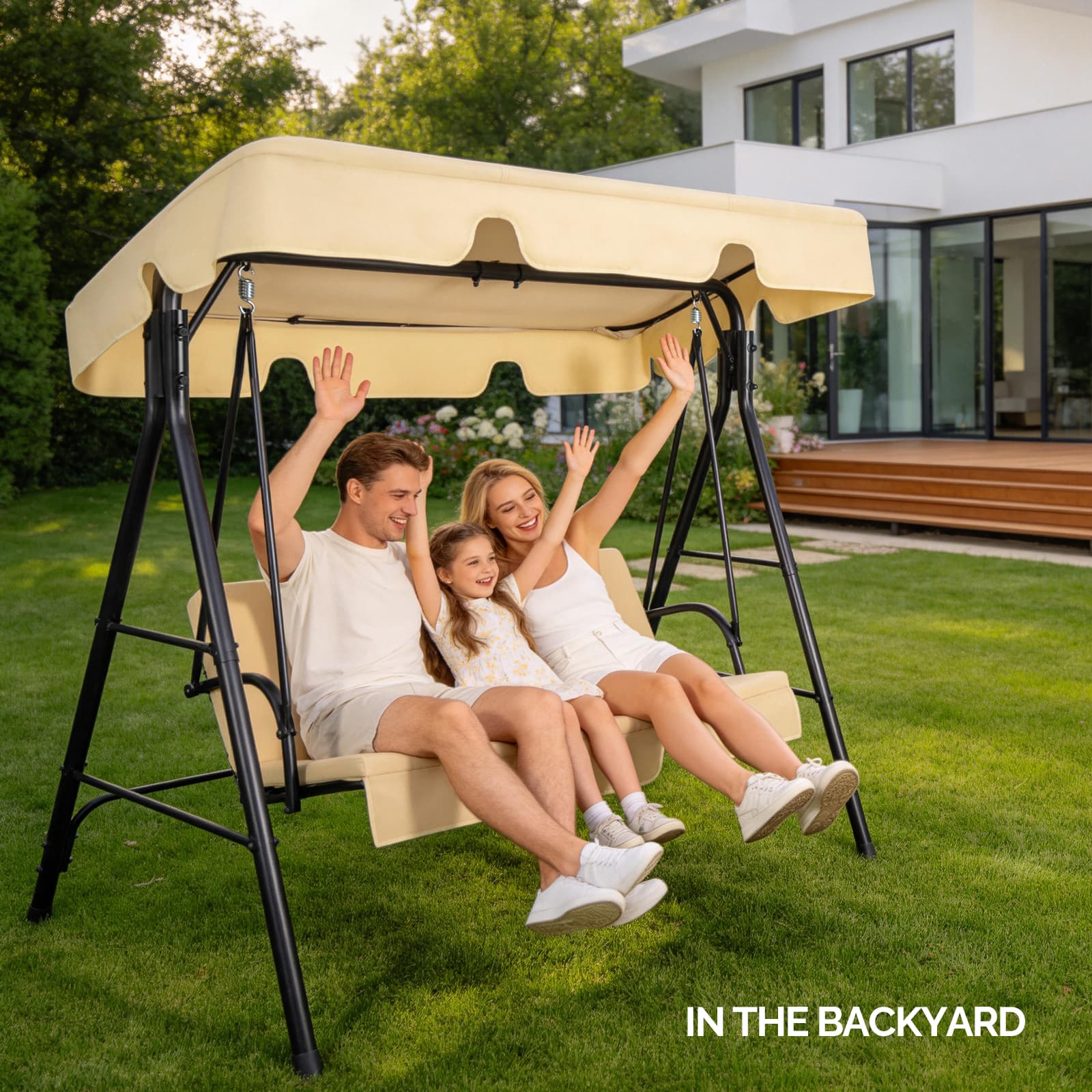 Outdoor Patio Swing Chair Set With Canopy, 3-Person Iron Frame Swing With Soft Cushions, 550lbs Capacity, Oxford Fabric, Khaki, Easy Assembly 3