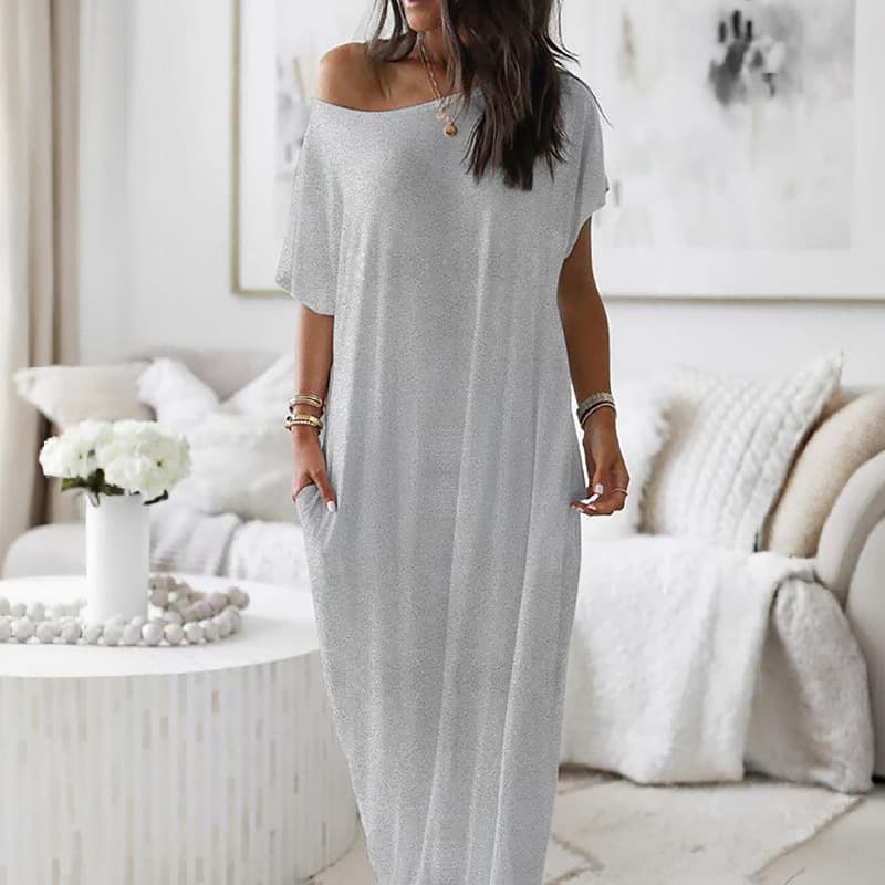 Off Shoulder Short Sleeve Pocket Loose Flowy Maxi Dress 2