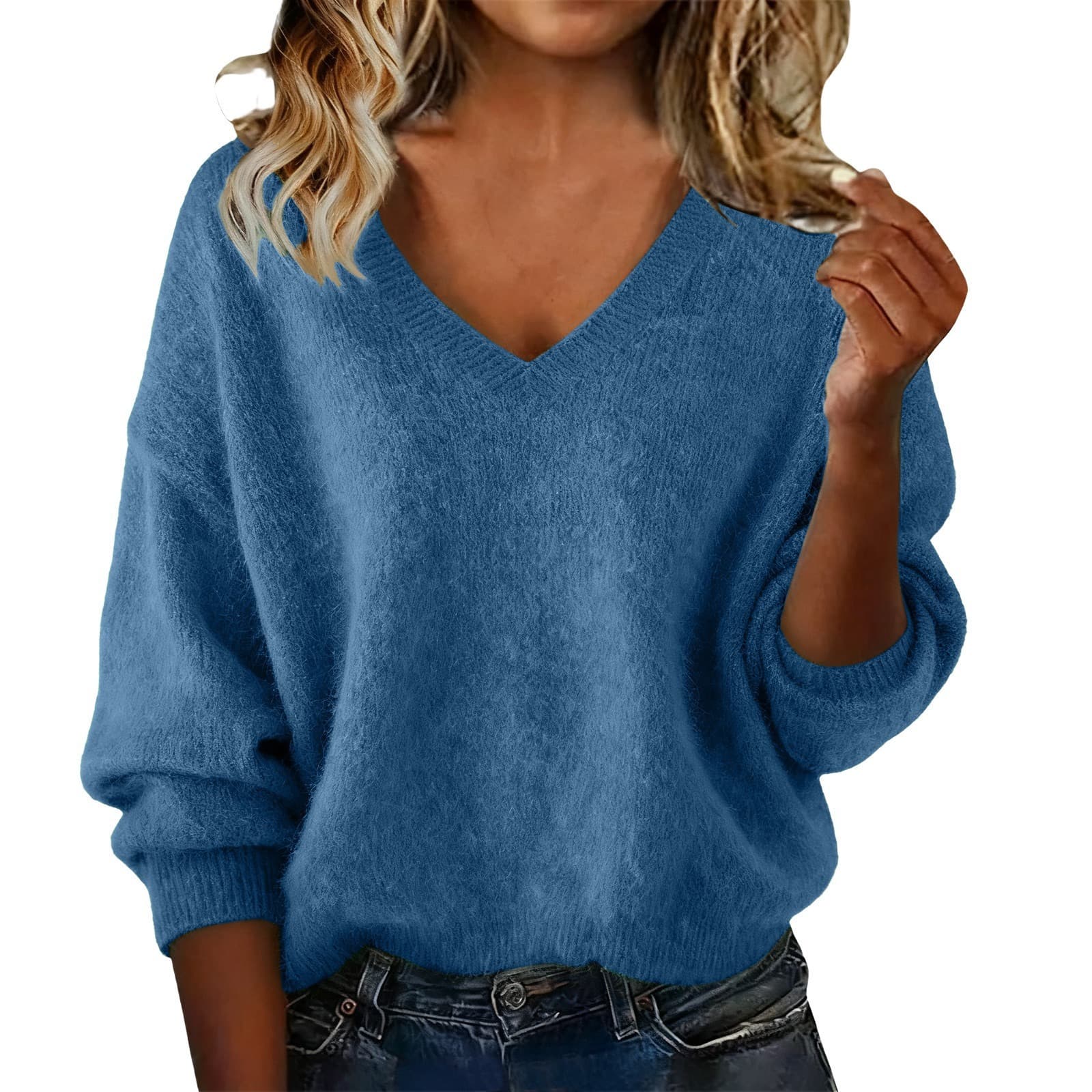 Women's New Autumn & Winter Solid Color V-neck Long Sleeve Knit Sweater, Loose Casual Tops 9