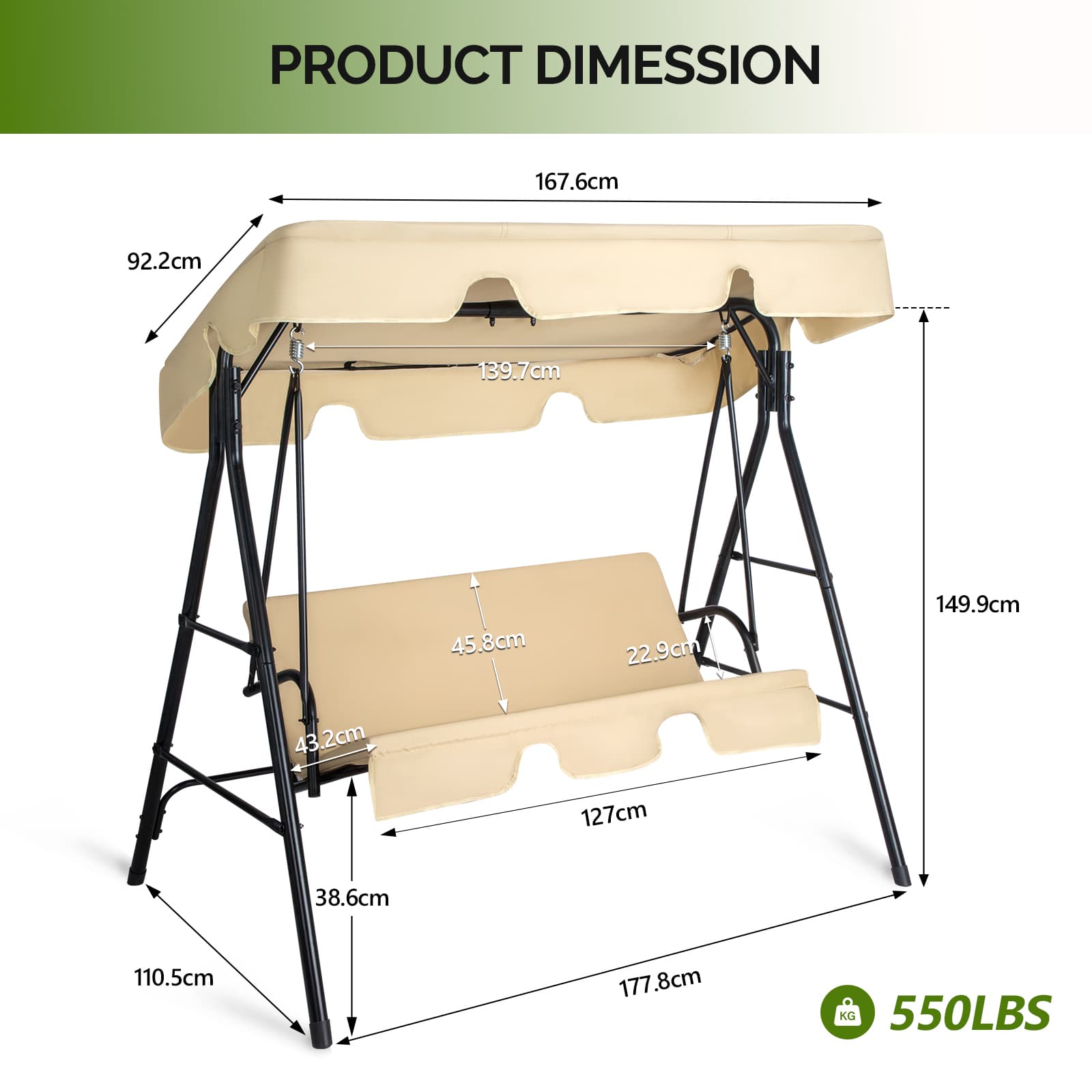 Outdoor Patio Swing Chair Set With Canopy, 3-Person Iron Frame Swing With Soft Cushions, 550lbs Capacity, Oxford Fabric, Khaki, Easy Assembly 4