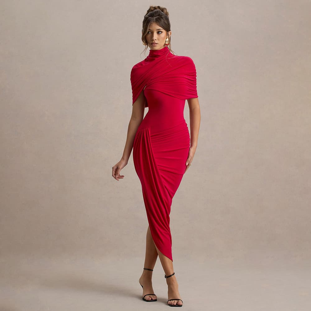 High Neck Cape Sleeve Ruched Bodycon Midi Dress