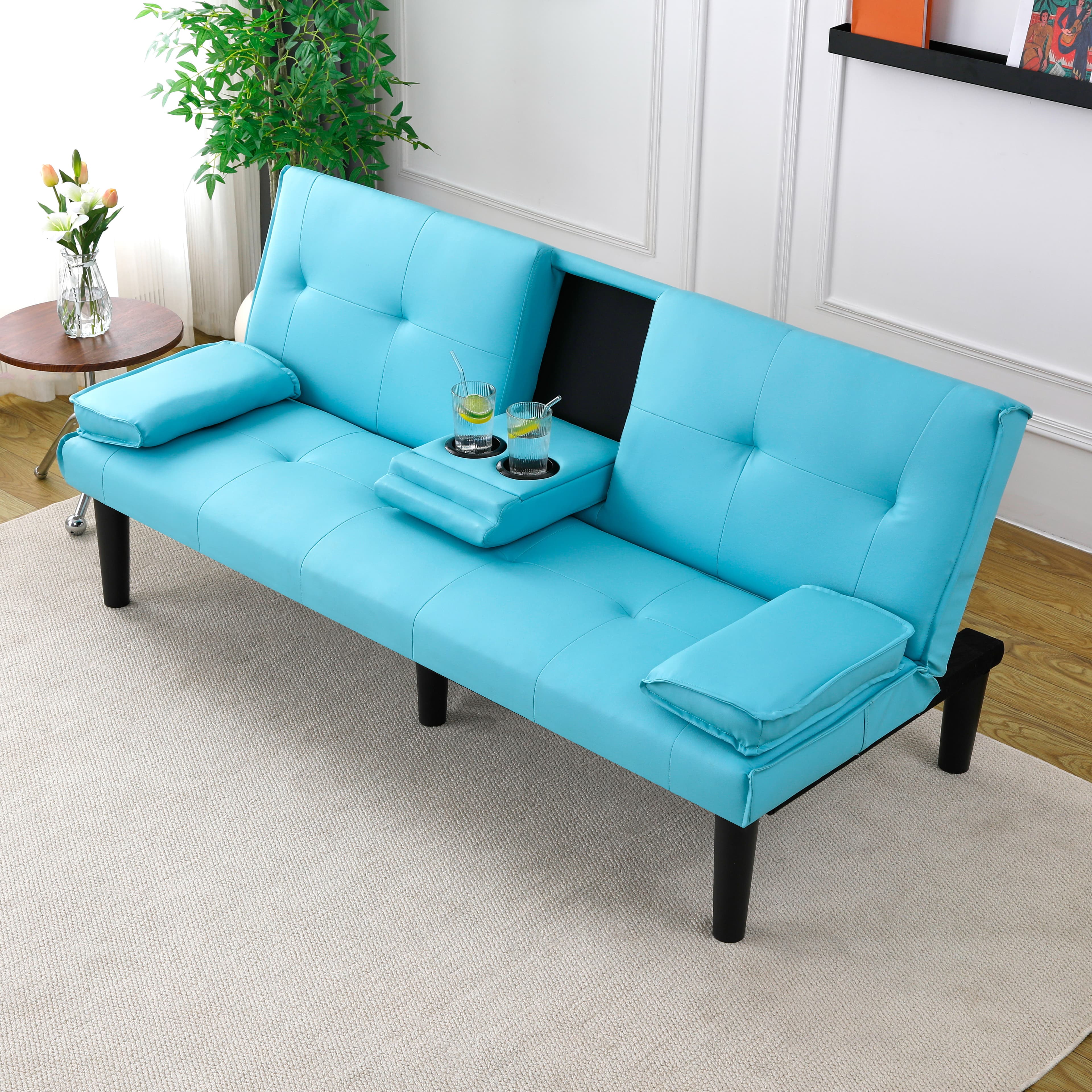The 67-inch Blue PVC Multi-functional Sofa Bed, With A Foldable And Cup Holder Design, Makes It Extremely Convenient To Turn The Living Room Into A Guest Room