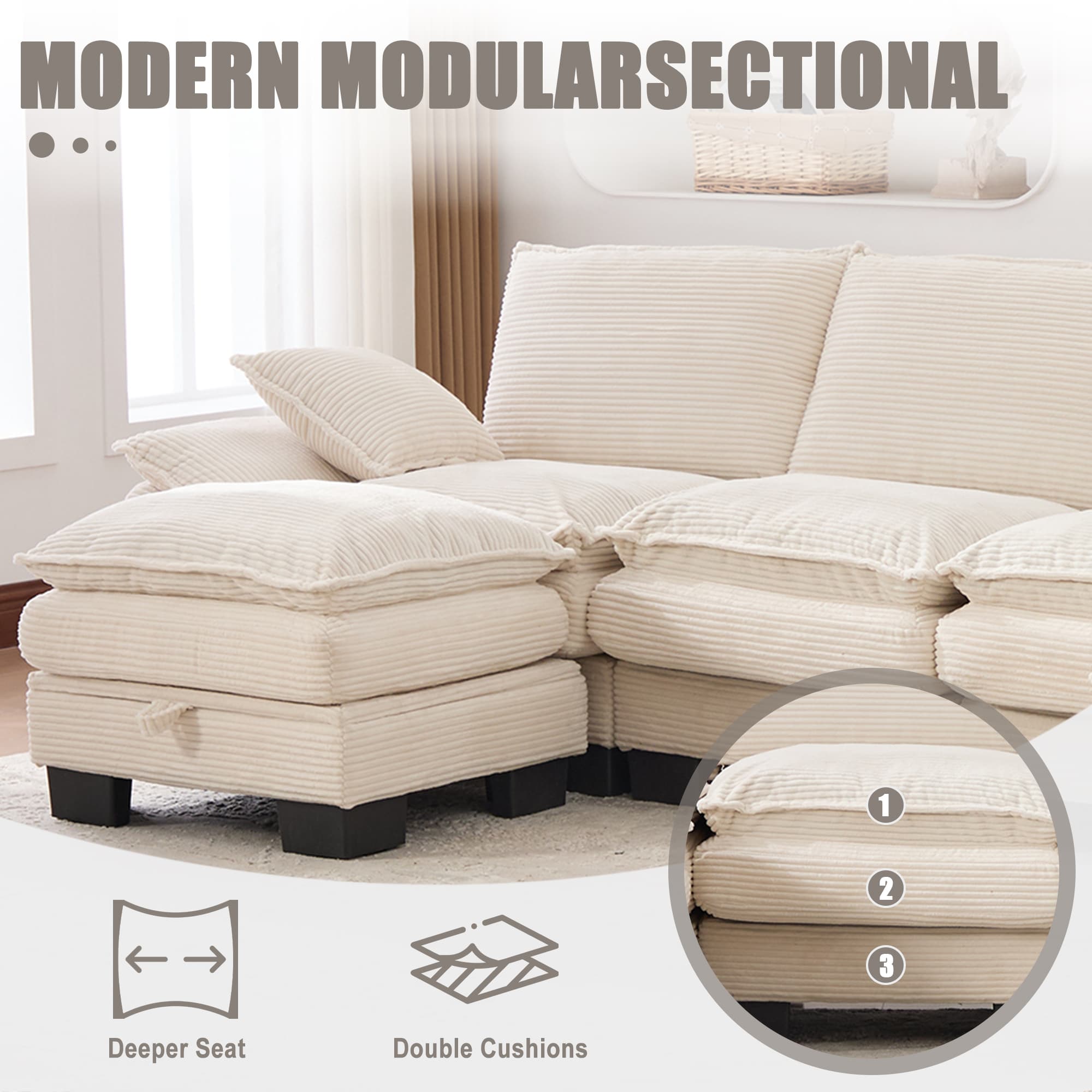 Sectional Cloud Modular Sofa,Deep Seat Sofa, Corduroy Sofa,Comfy Upholstered Furniture For Living Room, Apartment, Studio, Office,Having Multiple Combinations