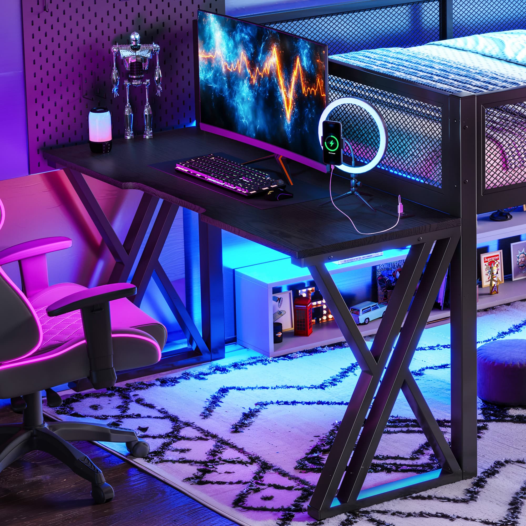 Full Size Gaming Loft Bed With Desk Of X-shaped Leg ,LED Lights, USB Ports, Staircase & Mesh Guardrail - Black Metal Frame, Space-Saving Elevated Bed For Dorms, Bedrooms, & Gaming Setups 4