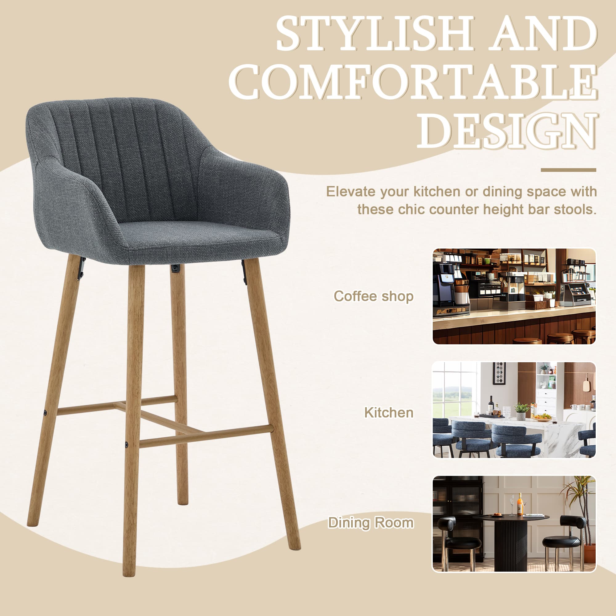 Modern Bar Stools Set Of 2, Kitchen Island Tall Chairs With Back, Arm, Footrest And Solid Wood Leg, Linen Fabric Upholstered Bar Stools