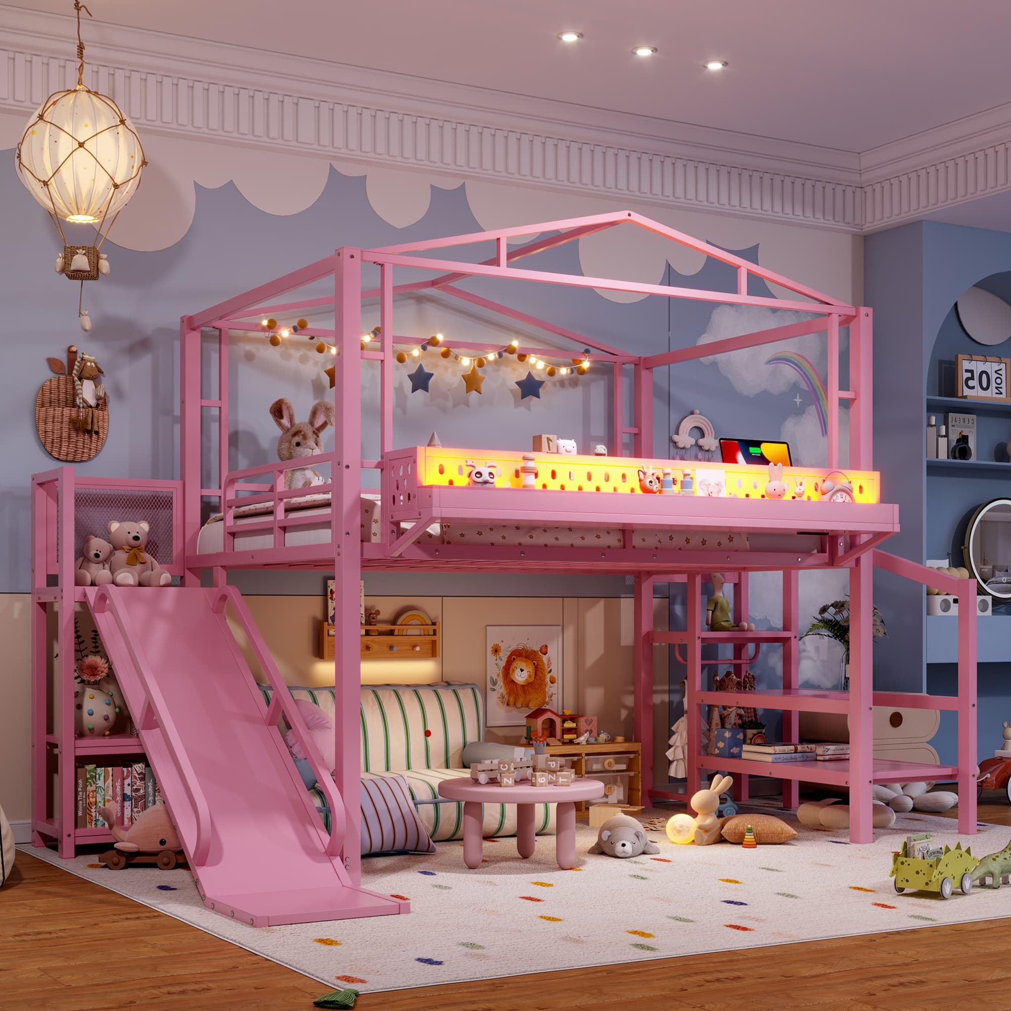 Full Size Loft Bed With Storage Stairs, Shelves And Built-in Wardrobe, Metal Loft Bed Frame With USB Ports And LED Lights, Noise-reduced Design, Pink 5
