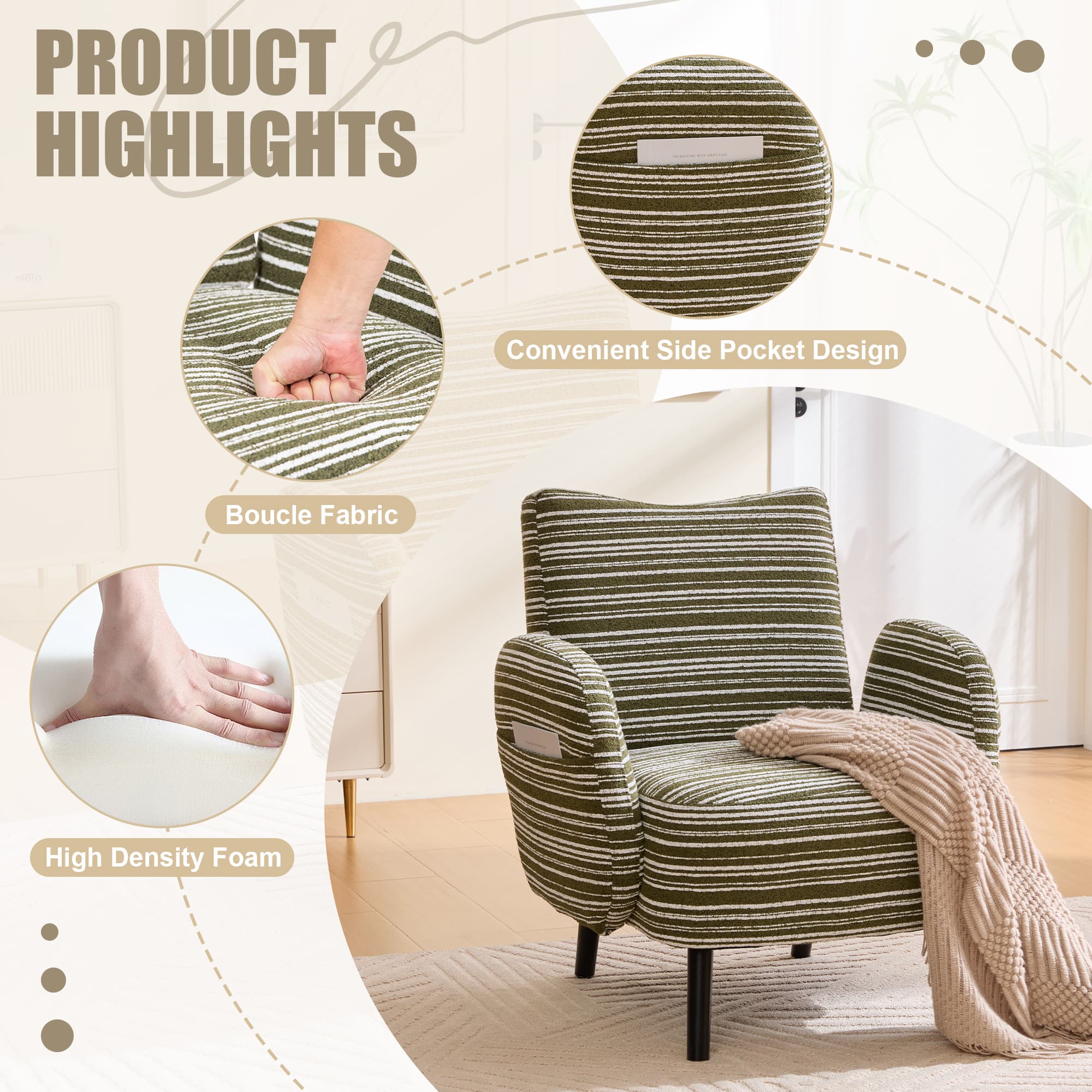 Modern Style Armchair With Sanded Fabric, Side Storage Pocket, Solid Wood Legs, Comfortable Reading Chair For Living Room, Bedroom, Office 5