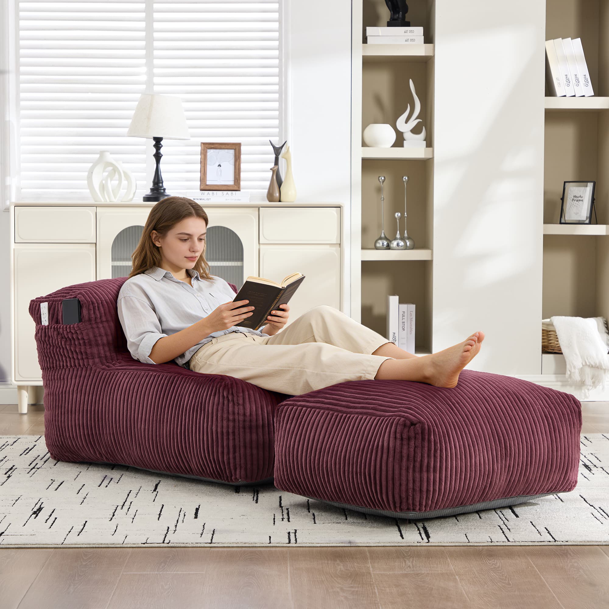 Big Bean Bag Chair For Adults,Lounger Large Bean Bag Sofa, Memory Foam Filled Beanbag Chair For Living Room, Bedroom, Balcony,Comfy Corduroy Bean Bag Chair With Ottoman,Ergonomic Support & Premium Com