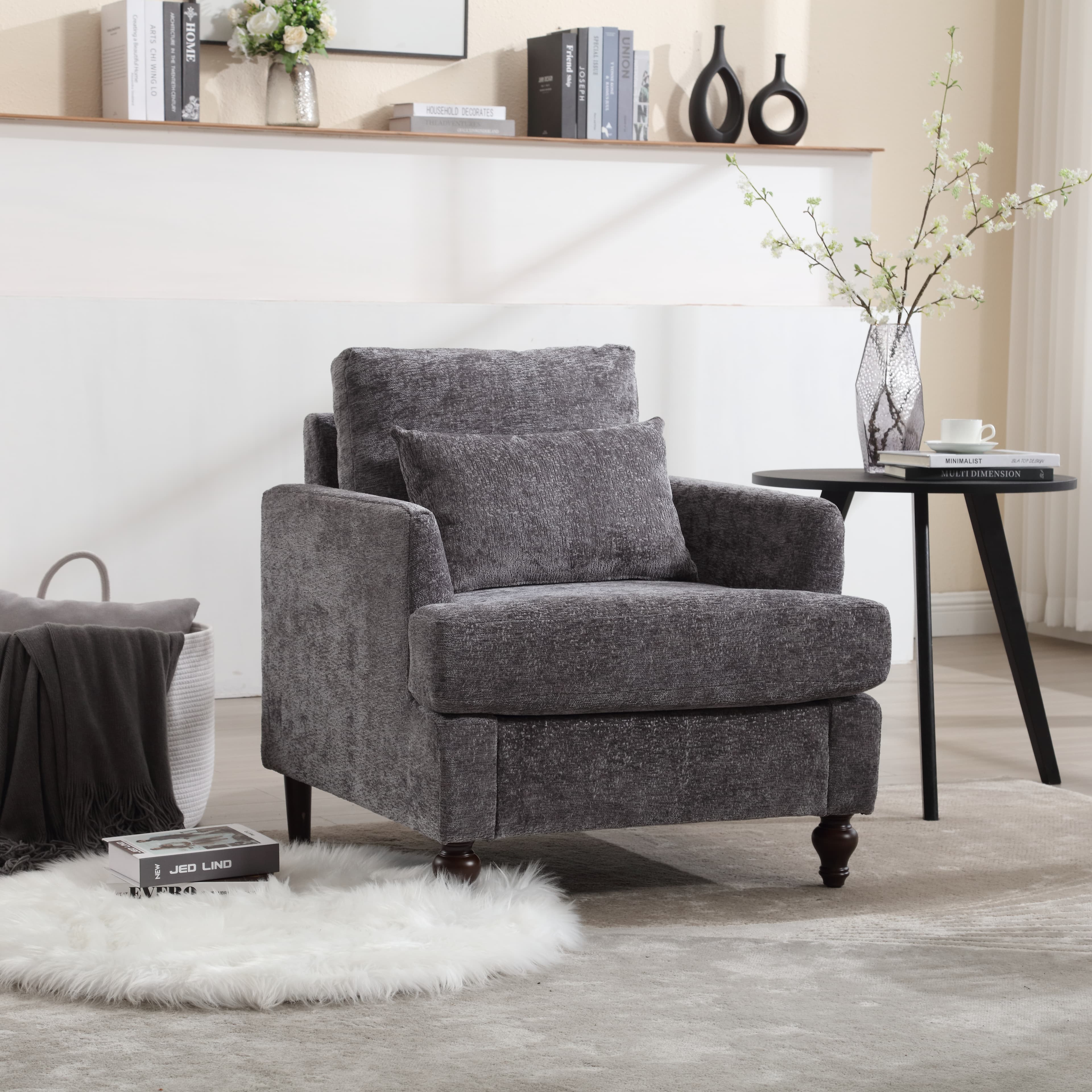 Wood Frame Armchair,  Modern Accent Chair Lounge Chair For Living Room,Tufted Club Chair, Mid Century Modern Arm Chairs With Studded, Solid Wood Frame, For Bedroom, Reading  Gray Chenille