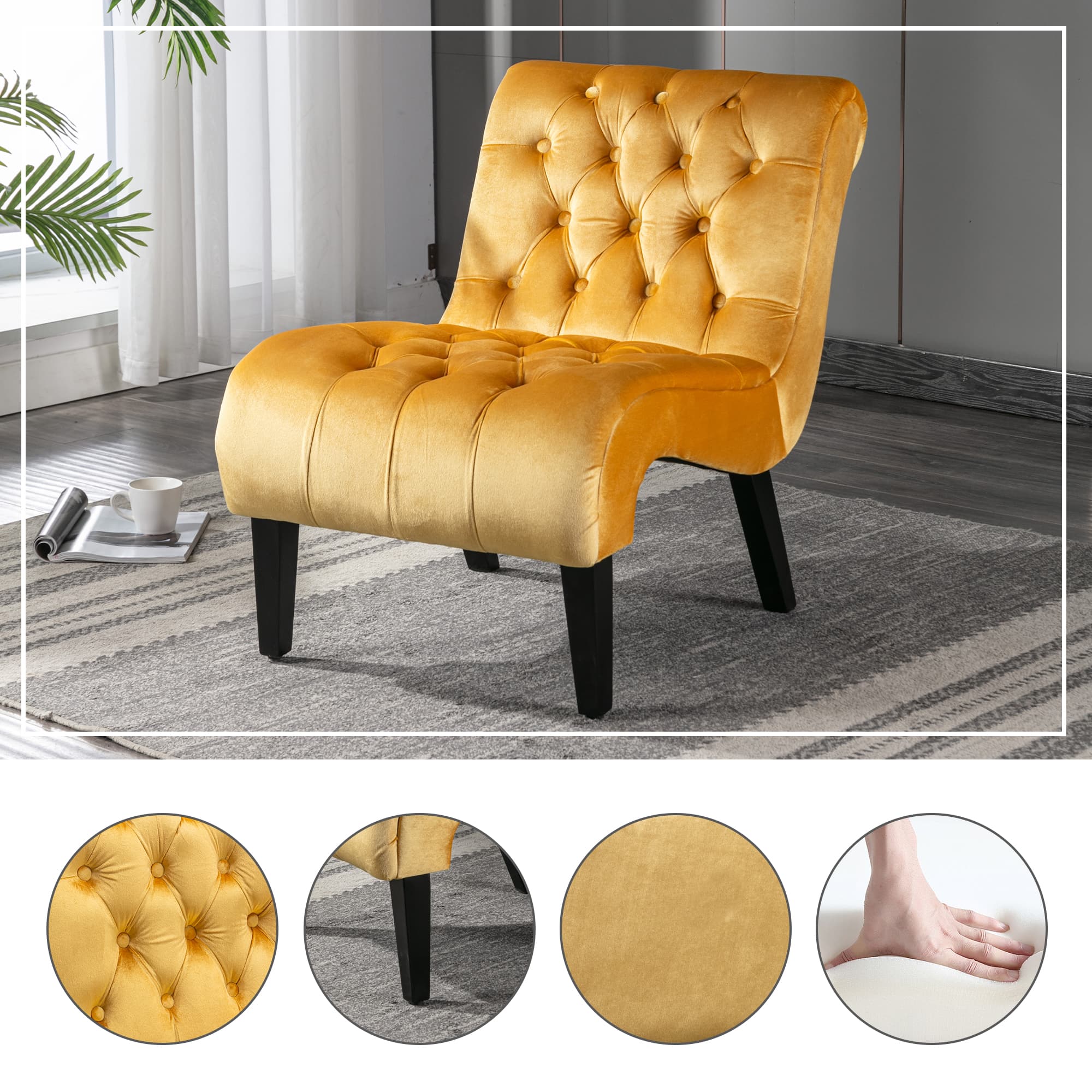 COOLMORE Modern Velvet Armless Accent Living Room Chair   Leisure Chair,Upholstered Fabric Button Comfortable Chair With Wooden Legs For Bedroom, Living Room, Office  Mustard Velvet 2