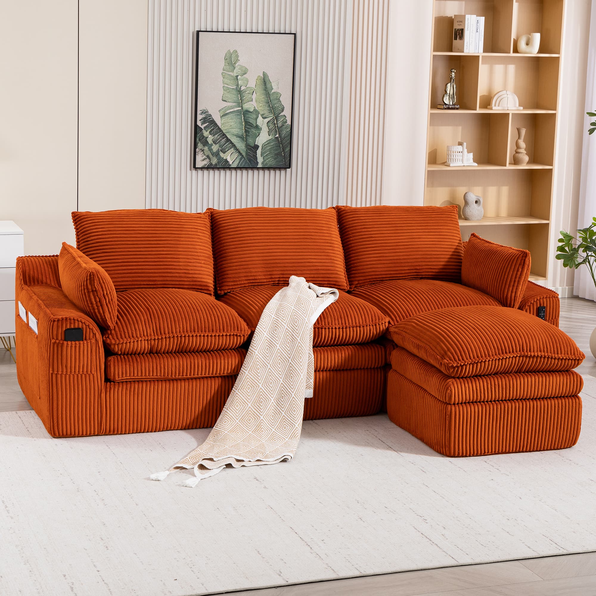 L Shaped Compressed Modular Sectional Sofa Modern Corduroy Upholstered Boneless Couches With Movable Footstool,With Three Pillows And Two Lumbar Pillows,Detachable Cloud Seat Cushions