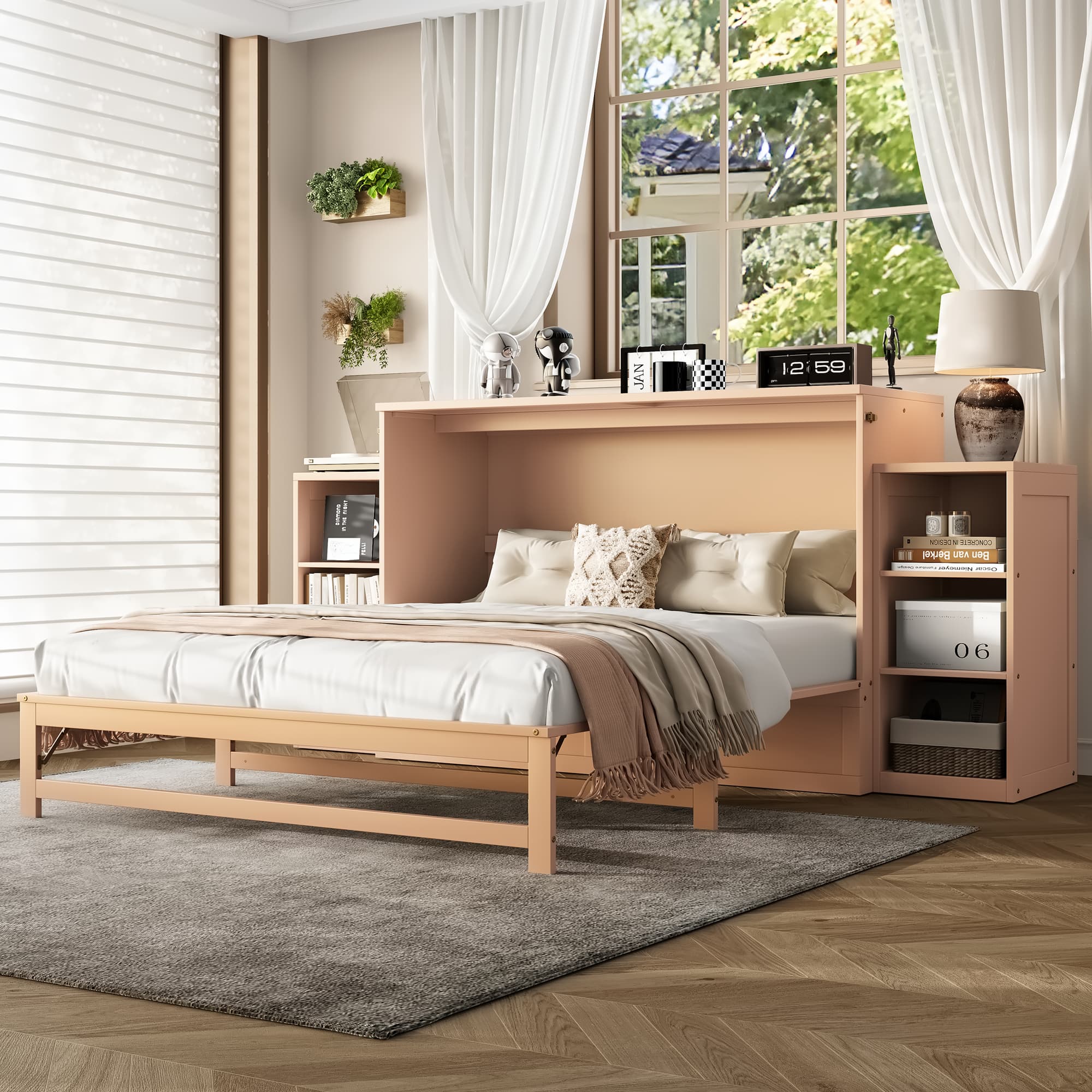 Queen Size Murphy Bed With Spacious Storage Drawers And Shelves, Ideal For Guest Rooms Or Compact Bedrooms,Golden 3