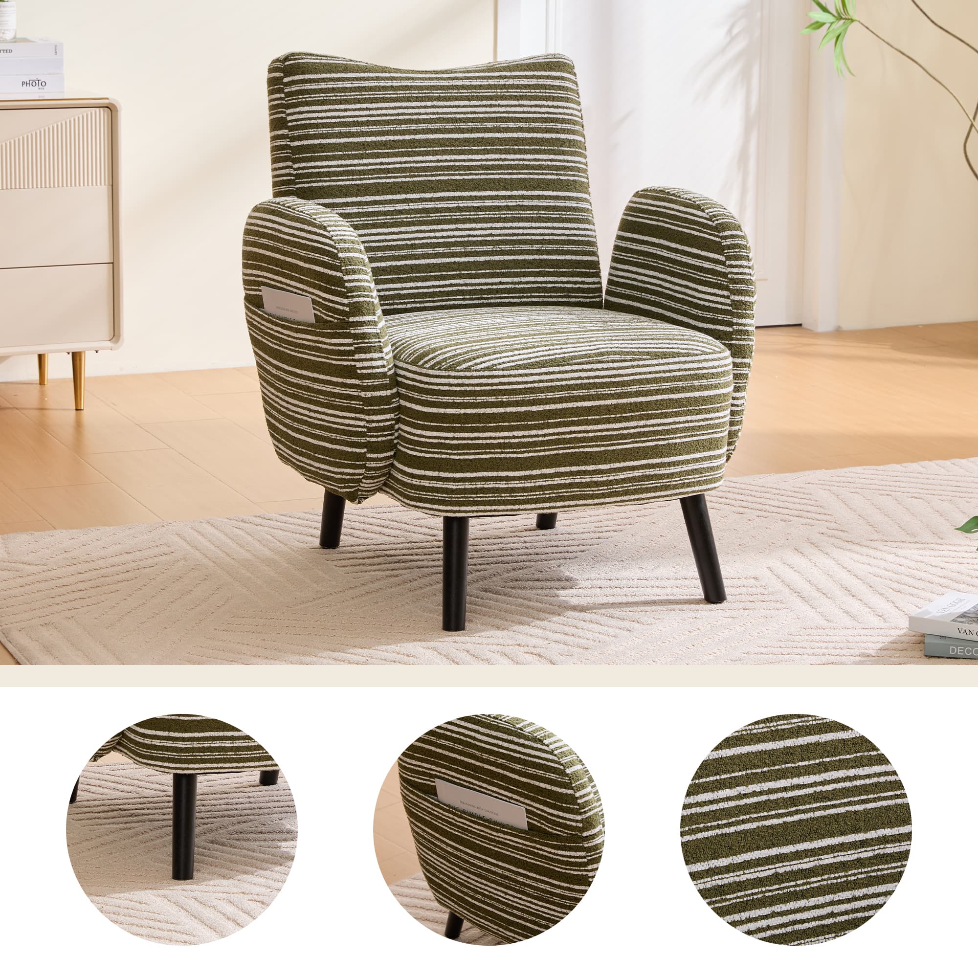 Modern Style Armchair With Sanded Fabric, Side Storage Pocket, Solid Wood Legs, Comfortable Reading Chair For Living Room, Bedroom, Office 2