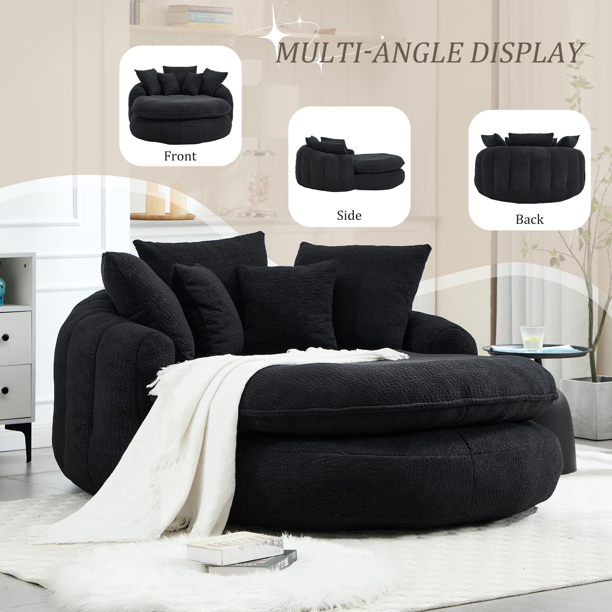 Oversized Oval Upholstered Bean Bag Sofa, Lazy Sofa With 3 Large Pillows And 2 Small Pillows, Wrap Around Backrest For Adults, Chenille Fabric Lazy Floor Bean Bag Sofa 3