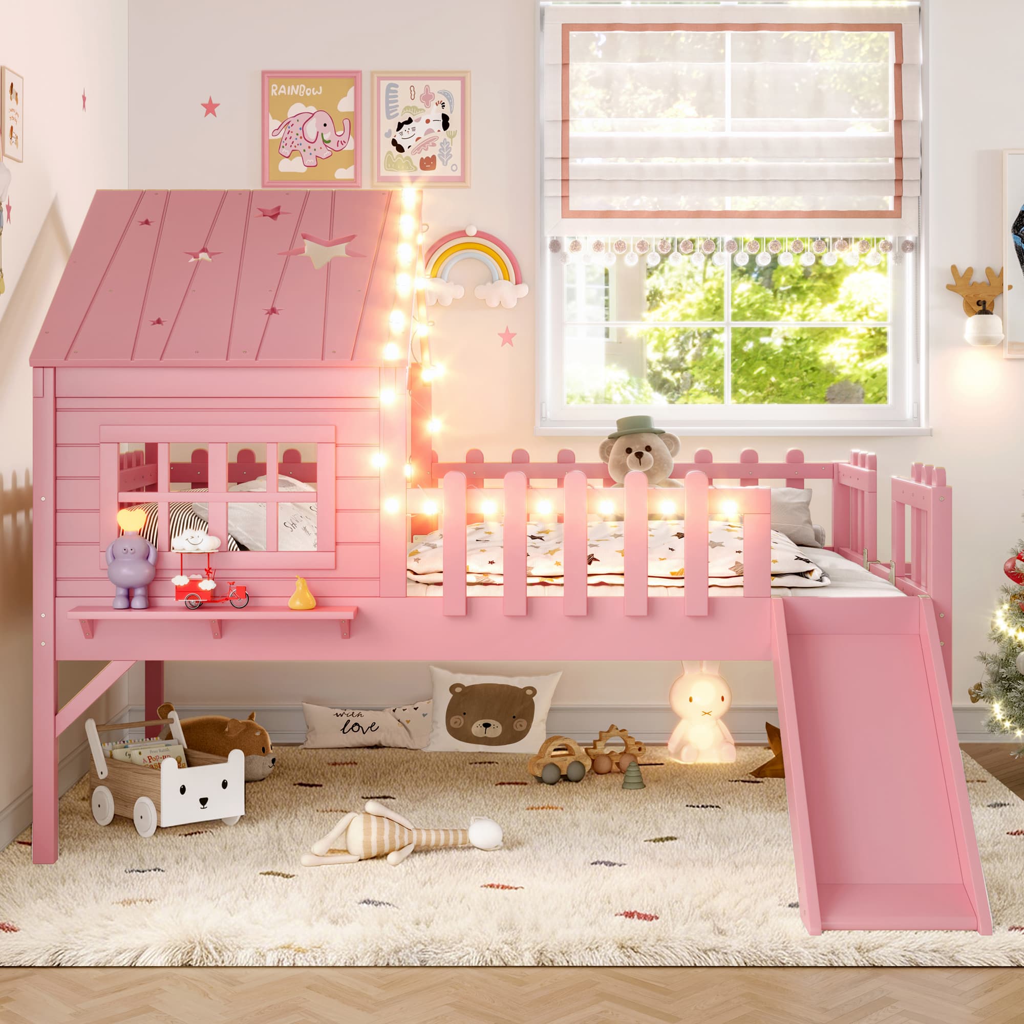 Full  Size House Loft Bed With Slide,Playhouse Bed With Star-shaped Designs And Window, Chic Design With LED Lights,No Box Spring Needed,Pink