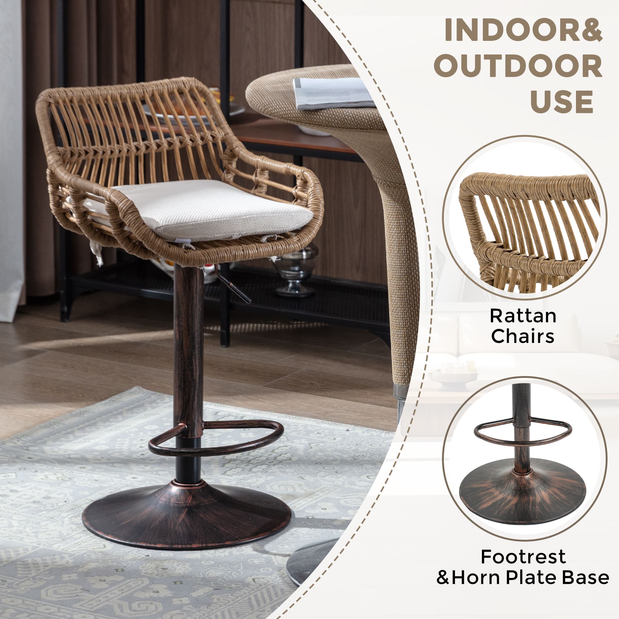 Modern Swivel Bar Stools Set Of 2 Adjustable Counter Height Chairs With Footrest For Kitchen, Dining Room  Beige