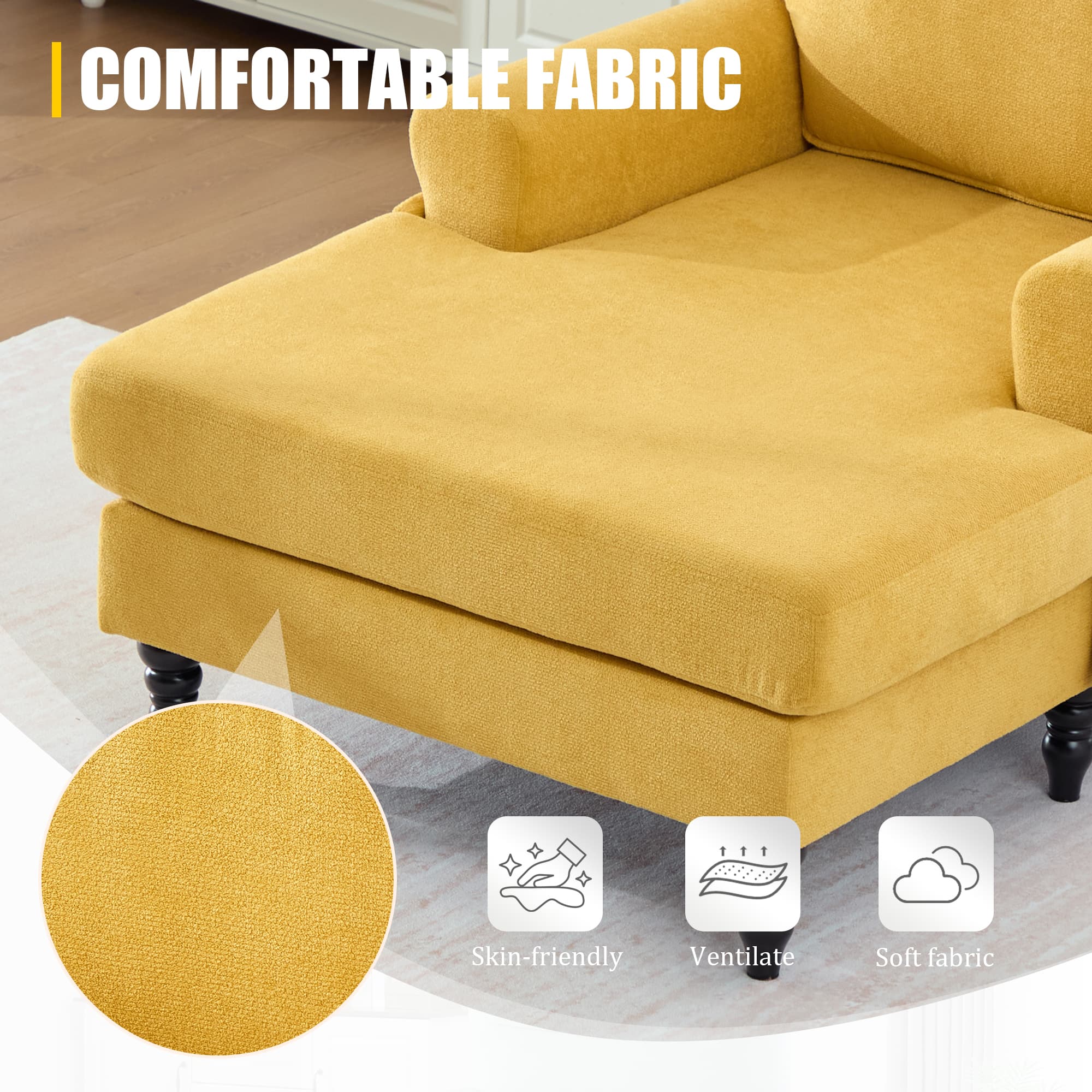 Modern Minimalist Chenille Fabric Chaise Lounge Recliner Single Sofa Living Room Bedroom Rest Chair Wooden Sofa Legs With Comfortable Backrest And Armrests Side Pockets For Storage Suitable For Office