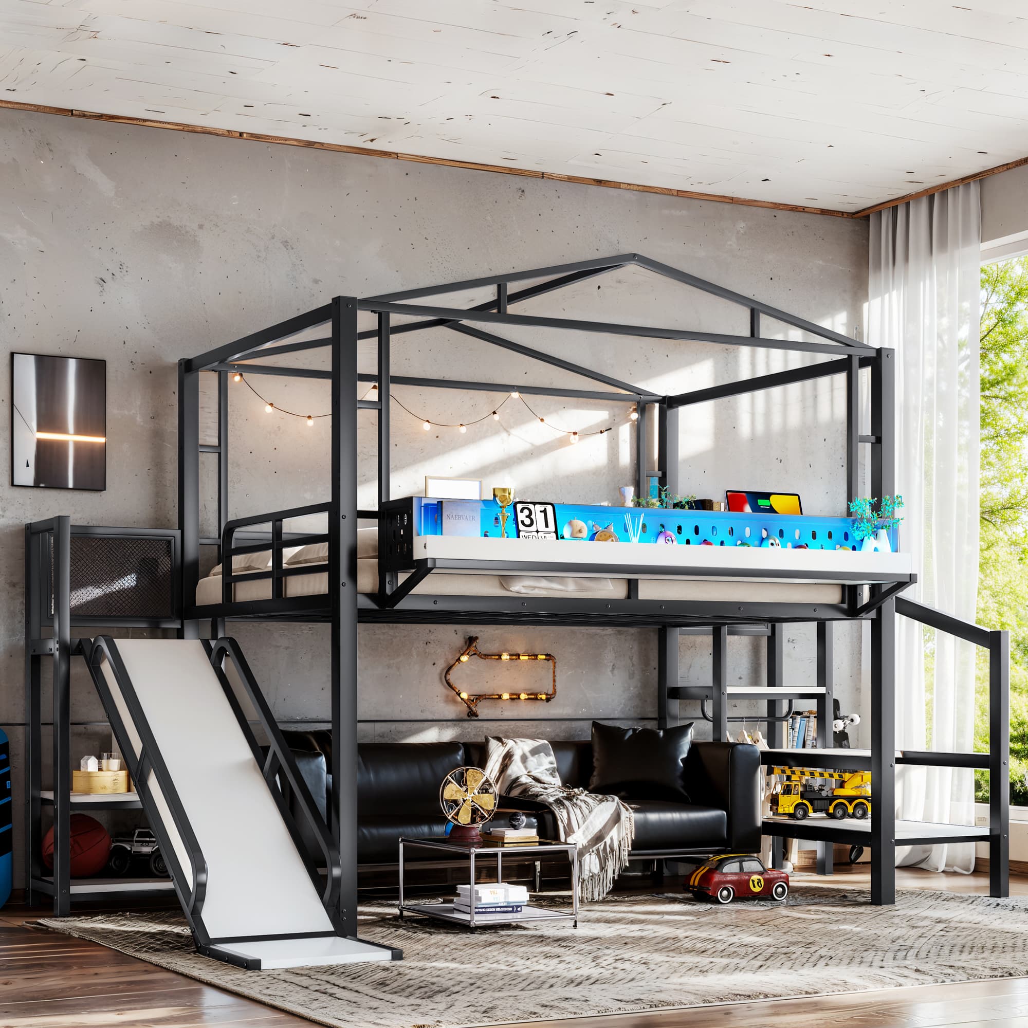 Full Size Loft Bed With Storage Stairs, Shelves And Built-in Wardrobe, Metal Loft Bed Frame With USB Ports And LED Lights, Noise-reduced Design, Black 2