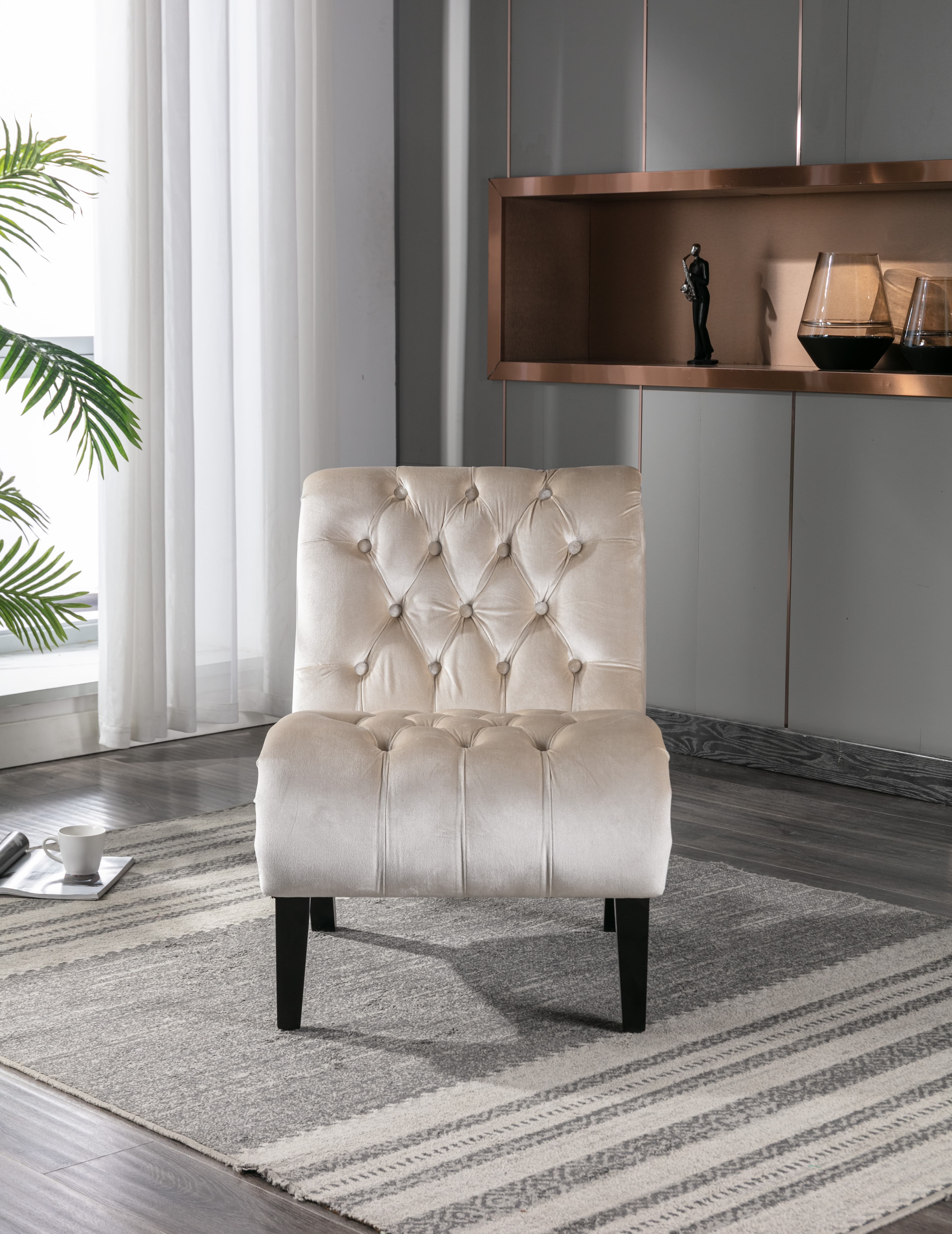 COOLMORE Modern Velvet Armless Accent Living Room Chair   Leisure Chair,Upholstered Fabric Button Comfortable Chair With Wooden Legs For Bedroom, Living Room, Office  Beige Velvet