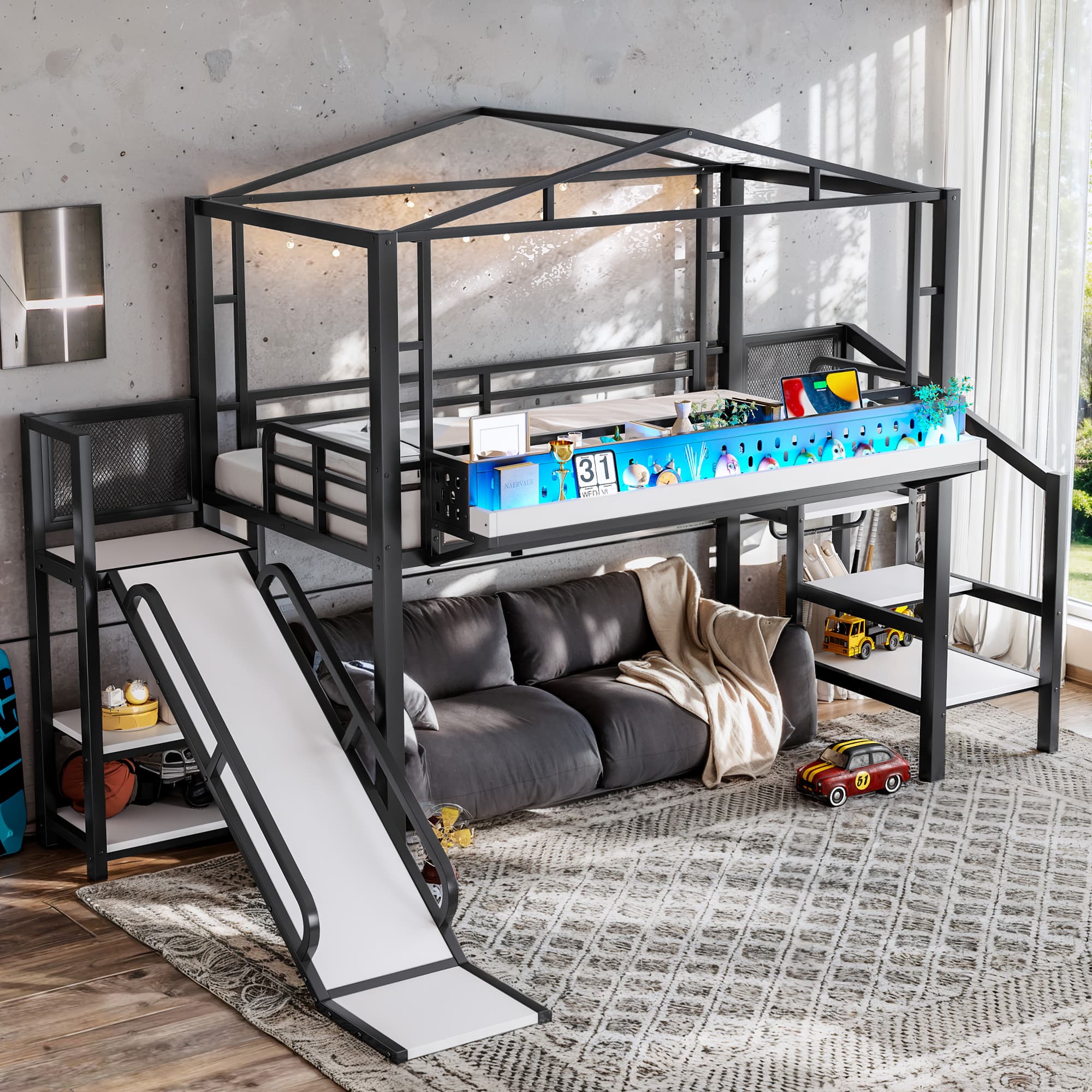 Twin Size Loft Bed With Storage Stairs, Shelves And Built-in Wardrobe, Metal Loft Bed Frame With USB Ports And LED Lights, Noise-reduced Design, Black 2