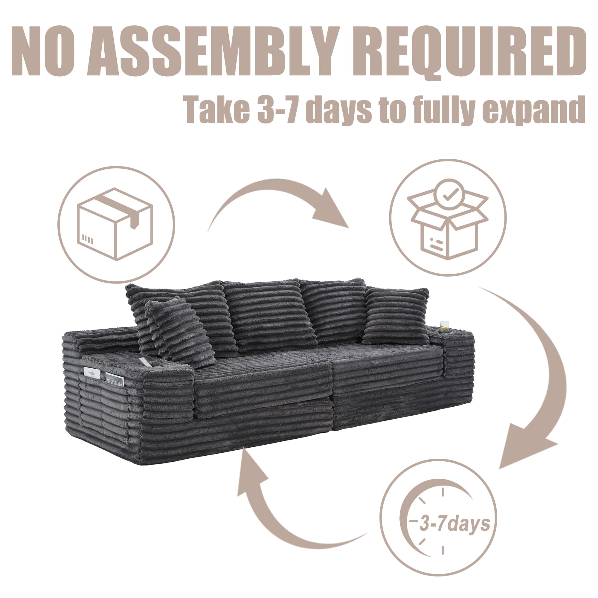 Oversized Boneless Four Seats Sofa With Cup Holder And Side Pockets, Upholstered Corduroy Sofa Bed Cloud Couch With 3 Pillows, 2 Lumbar Pillows.Living Room, Bedroom,No Assembly ,Breathable Material