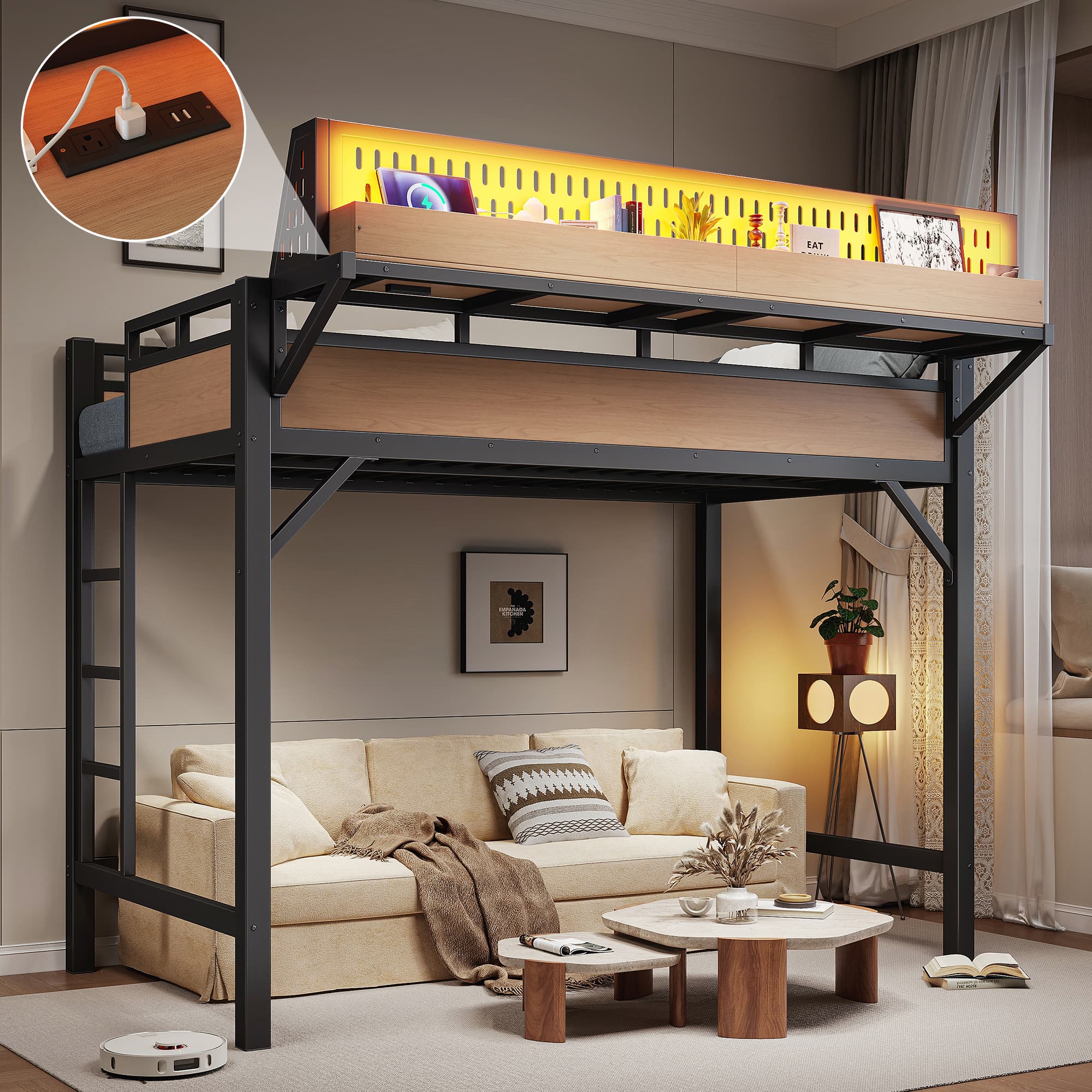 Twin XL Size Loft Bed Frame With Storage Shelves And Pegboard, Metal Loft Bed With USB Ports And LED Lights, Safe And Sturdy, Natural 2
