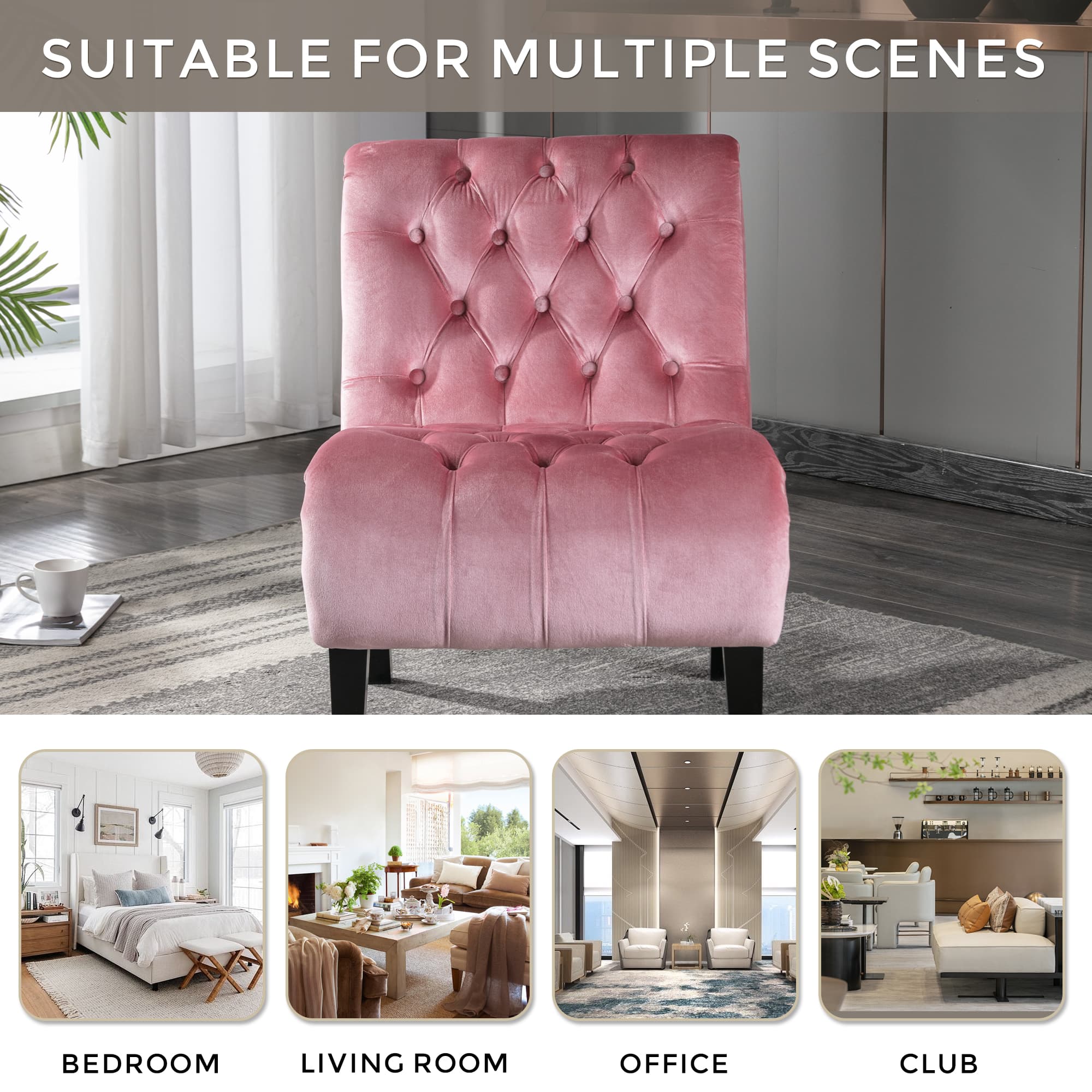 COOLMORE Modern Velvet Armless Accent Living Room Chair Leisure Chair,Upholstered Fabric Button Comfortable Chair With Wooden Legs For Bedroom, Living Room, Office Velvet 2