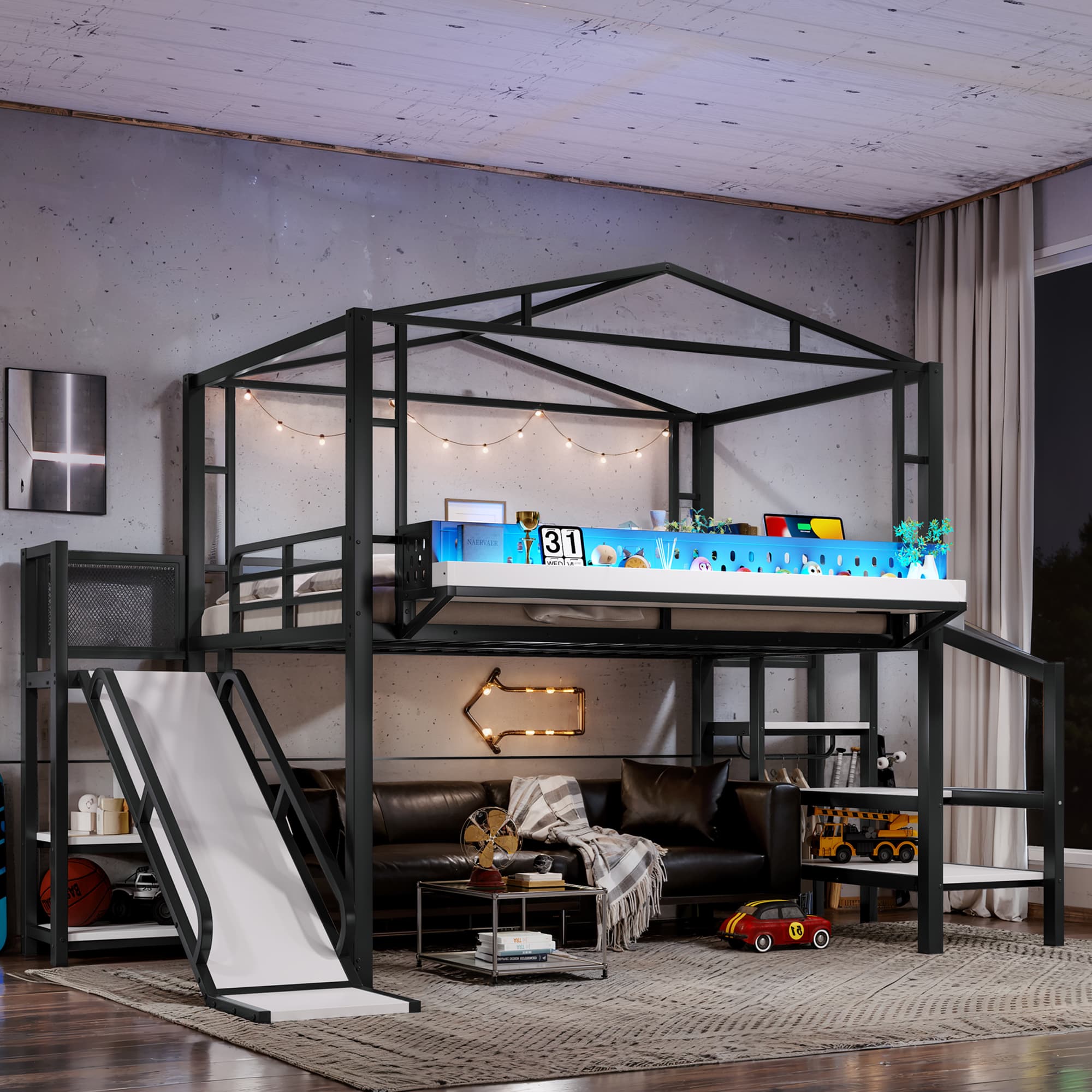 Full Size Loft Bed With Storage Stairs, Shelves And Built-in Wardrobe, Metal Loft Bed Frame With USB Ports And LED Lights, Noise-reduced Design, Black 3