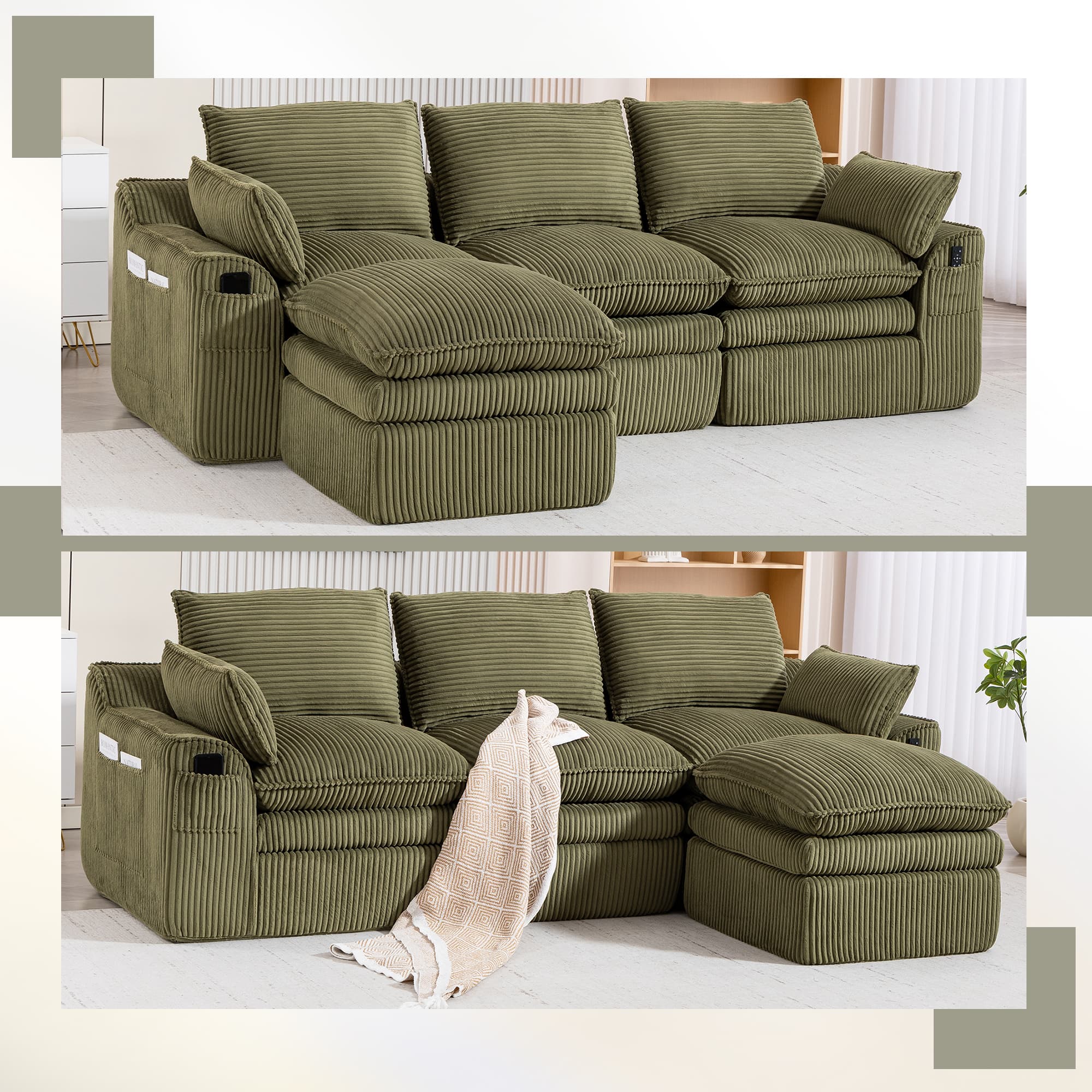 L Shaped Compressed Modular Sectional Sofa Modern Corduroy Upholstered Boneless Couches With Movable Footstool,With Three Pillows And Two Lumbar Pillows,Detachable Cloud Seat Cushions 4