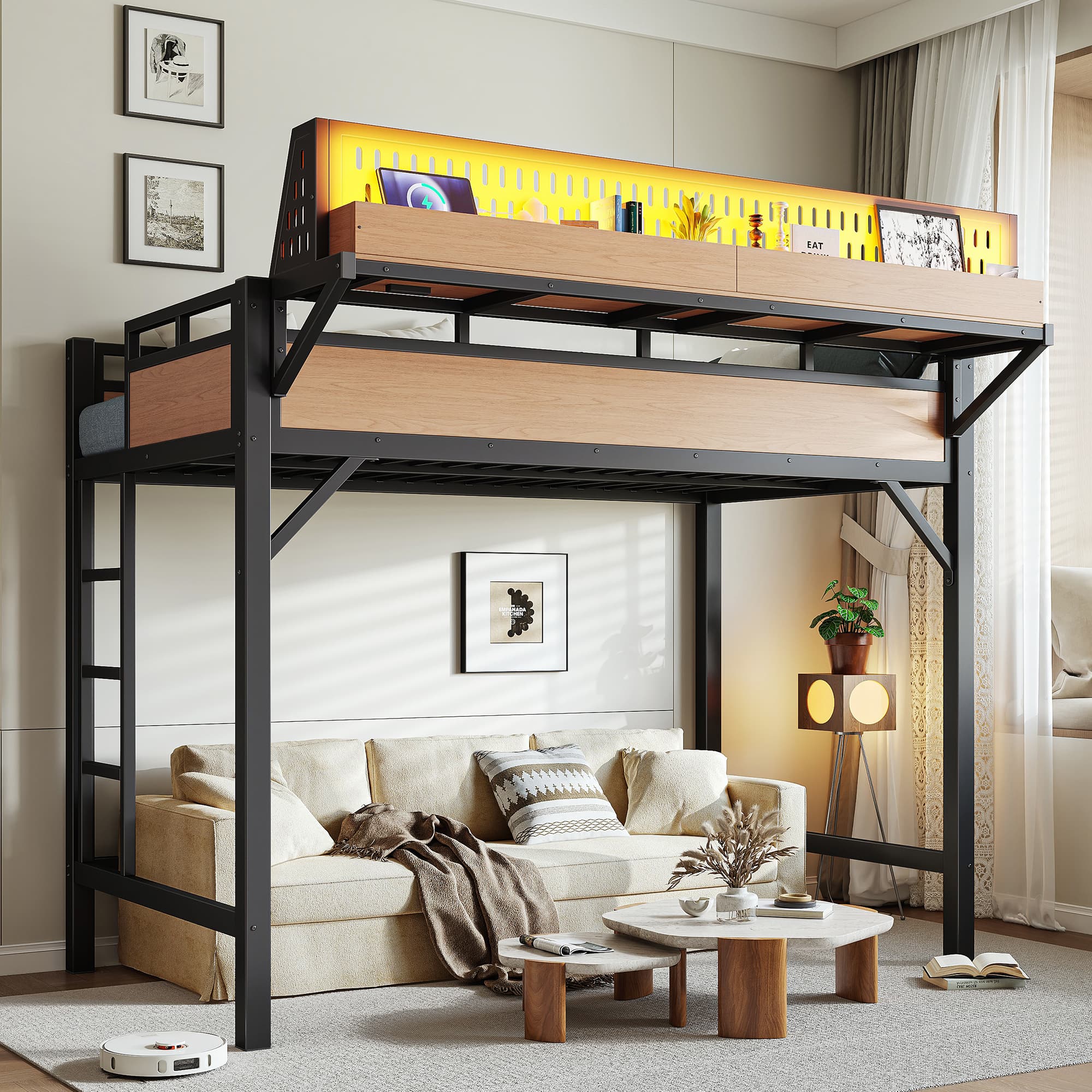 Twin XL Size Loft Bed Frame With Storage Shelves And Pegboard, Metal Loft Bed With USB Ports And LED Lights, Safe And Sturdy, Natural 4
