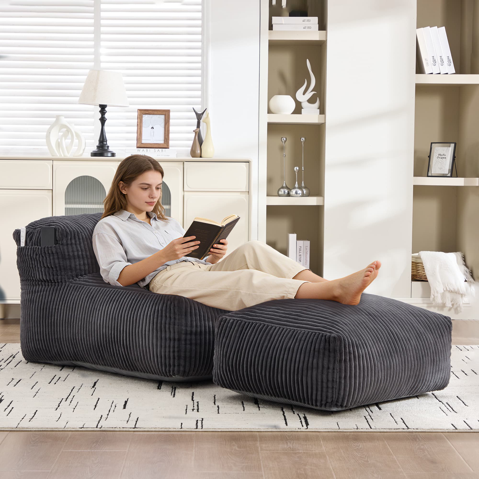 Big Bean Bag Chair For Adults,Lounger Large Bean Bag Sofa, Memory Foam Filled Beanbag Chair For Living Room, Bedroom, Balcony,Comfy Corduroy Bean Bag Chair With Ottoman,Ergonomic Support & Premium Com