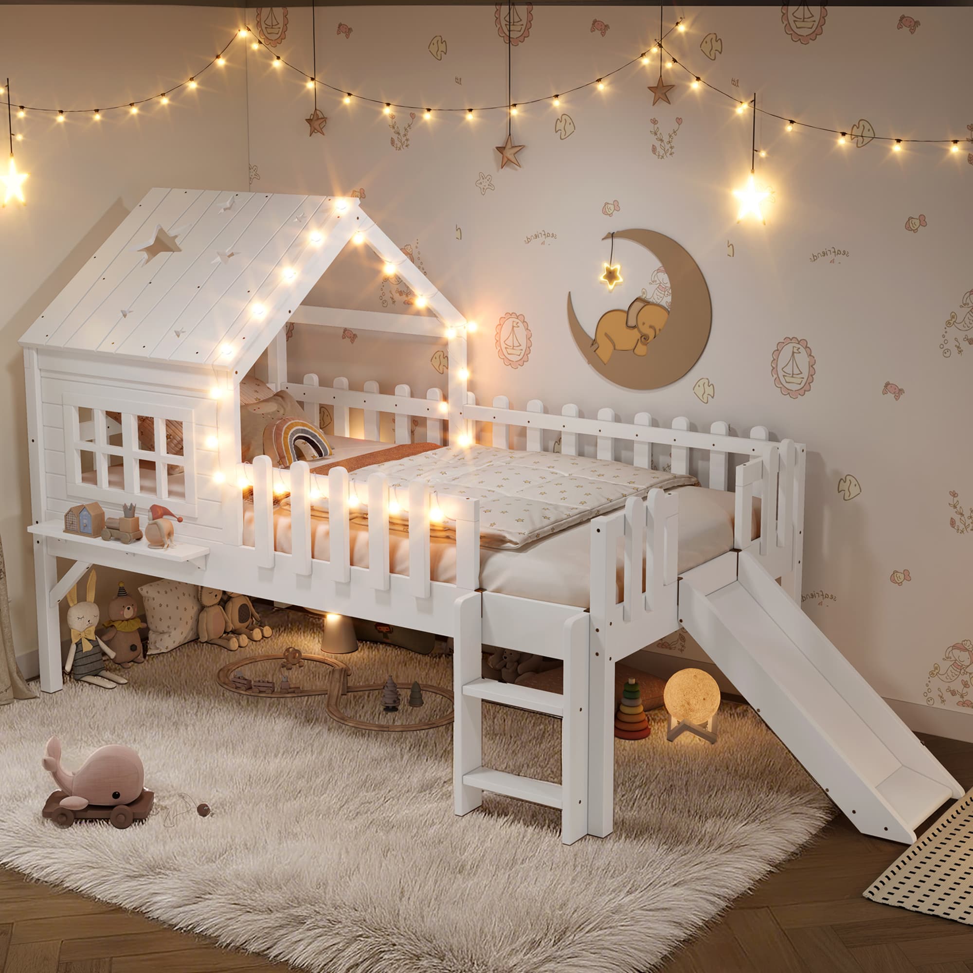 Twin Size House Loft Bed With Slide,Playhouse Bed With Star-shaped Designs And Window, Chic Design With LED Lights,No Box Spring Needed,White 4