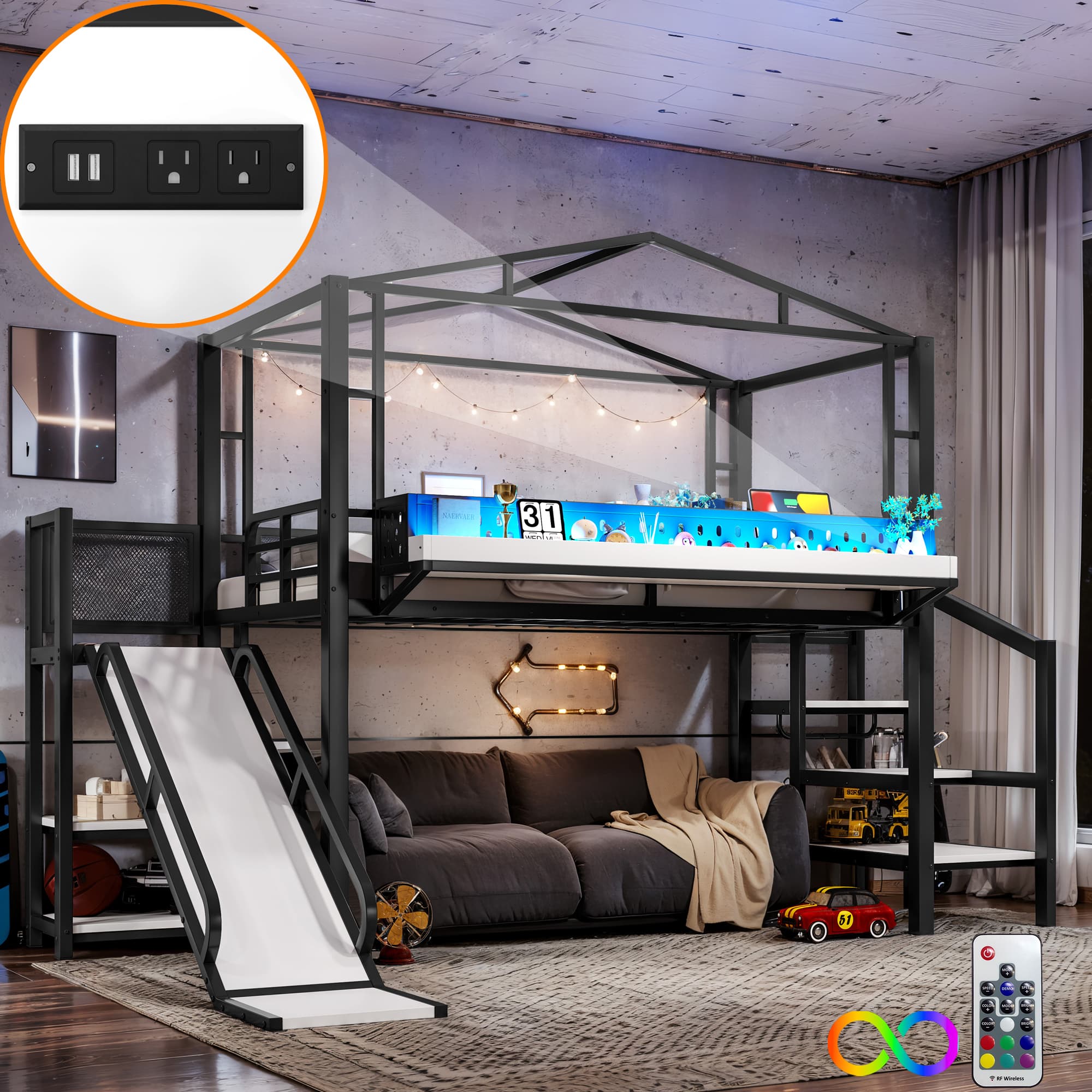 Twin Size Loft Bed With Storage Stairs, Shelves And Built-in Wardrobe, Metal Loft Bed Frame With USB Ports And LED Lights, Noise-reduced Design, Black 3