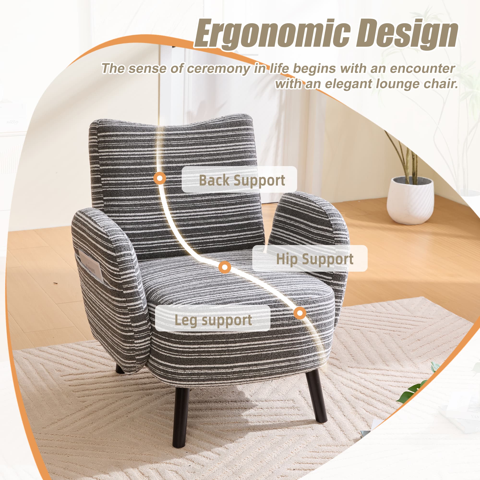 Modern Style Armchair With Sanded Fabric, Side Storage Pocket, Solid Wood Legs, Comfortable Reading Chair For Living Room, Bedroom, Officel 4