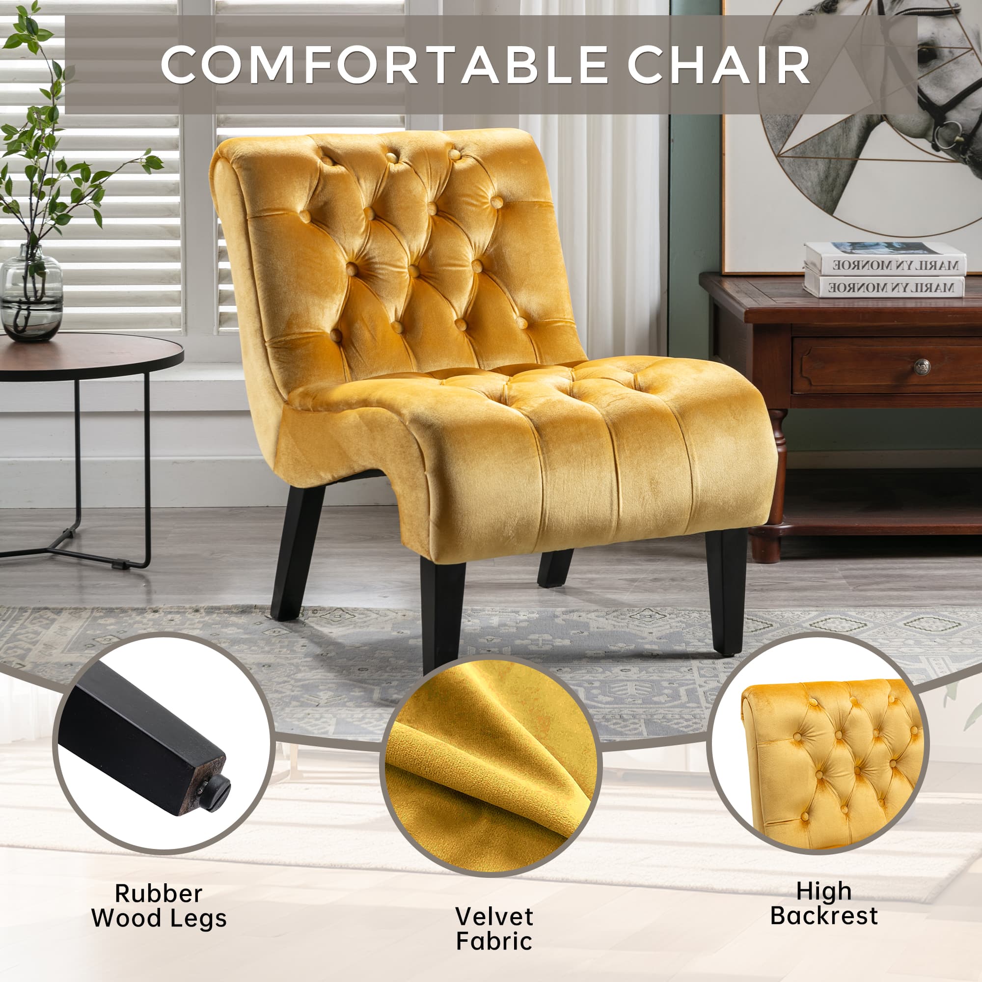 COOLMORE Modern Velvet Armless Accent Living Room Chair   Leisure Chair,Upholstered Fabric Button Comfortable Chair With Wooden Legs For Bedroom, Living Room, Office  Mustard Velvet