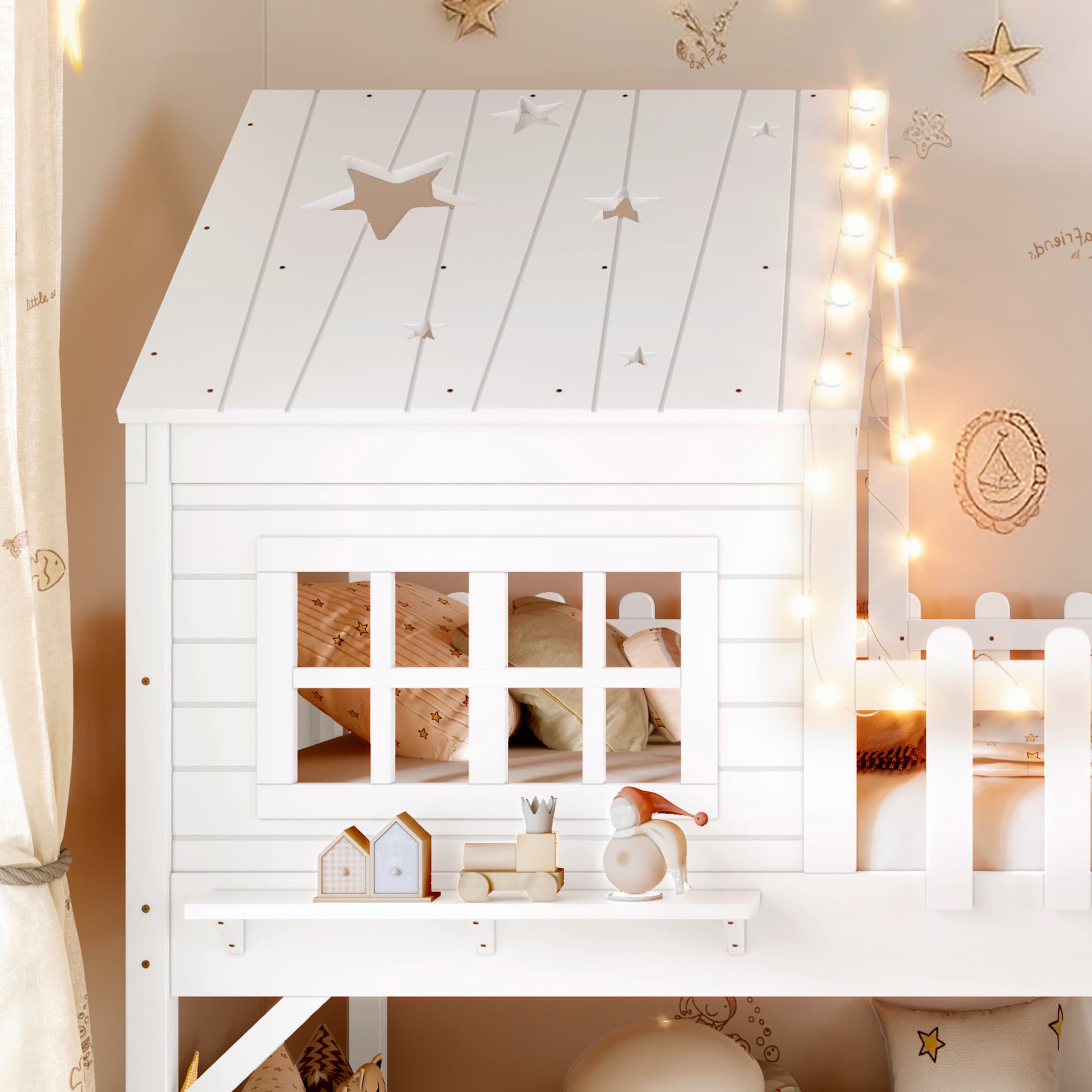 Twin Size House Loft Bed With Slide,Playhouse Bed With Star-shaped Designs And Window, Chic Design With LED Lights,No Box Spring Needed,White 2