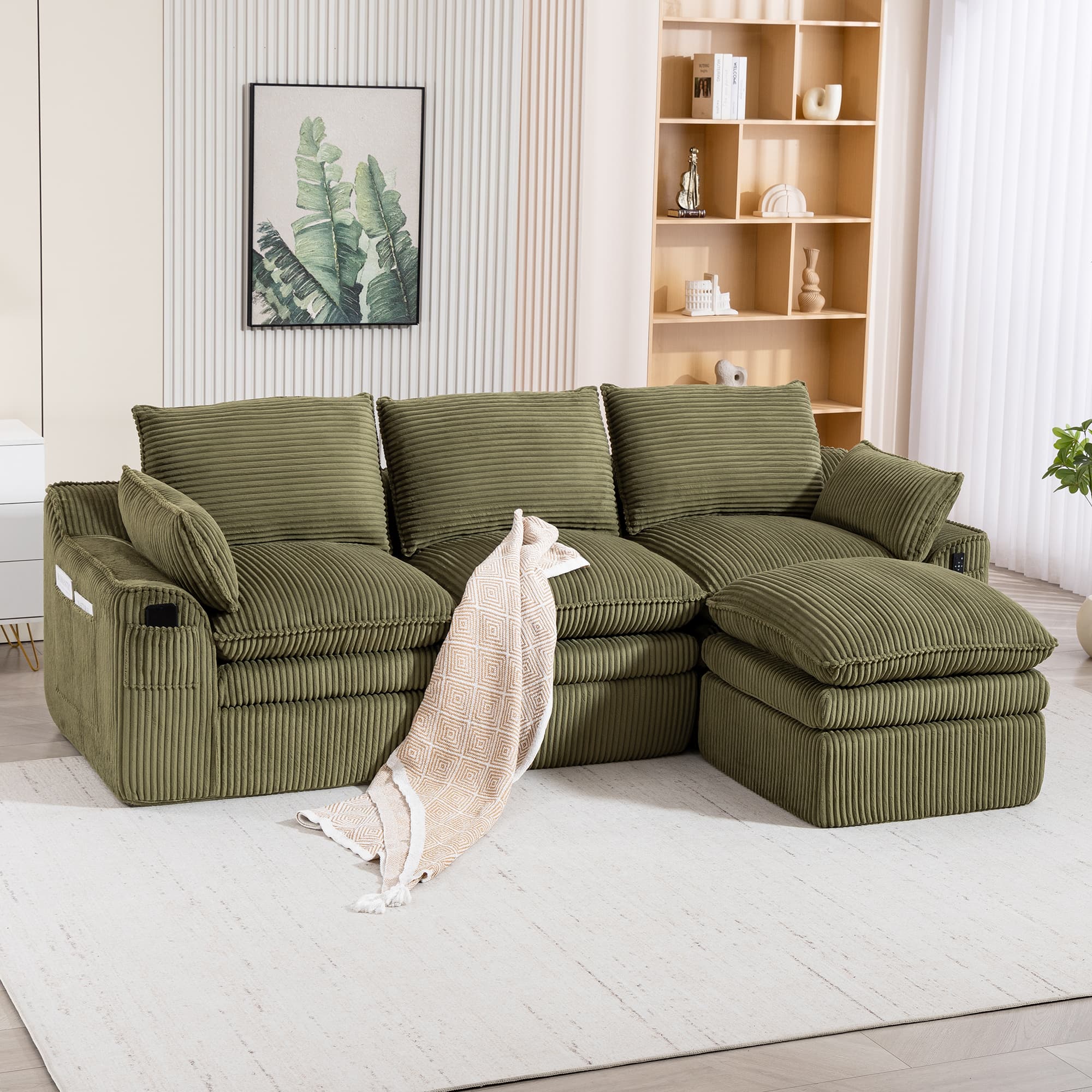 L Shaped Compressed Modular Sectional Sofa Modern Corduroy Upholstered Boneless Couches With Movable Footstool,With Three Pillows And Two Lumbar Pillows,Detachable Cloud Seat Cushions