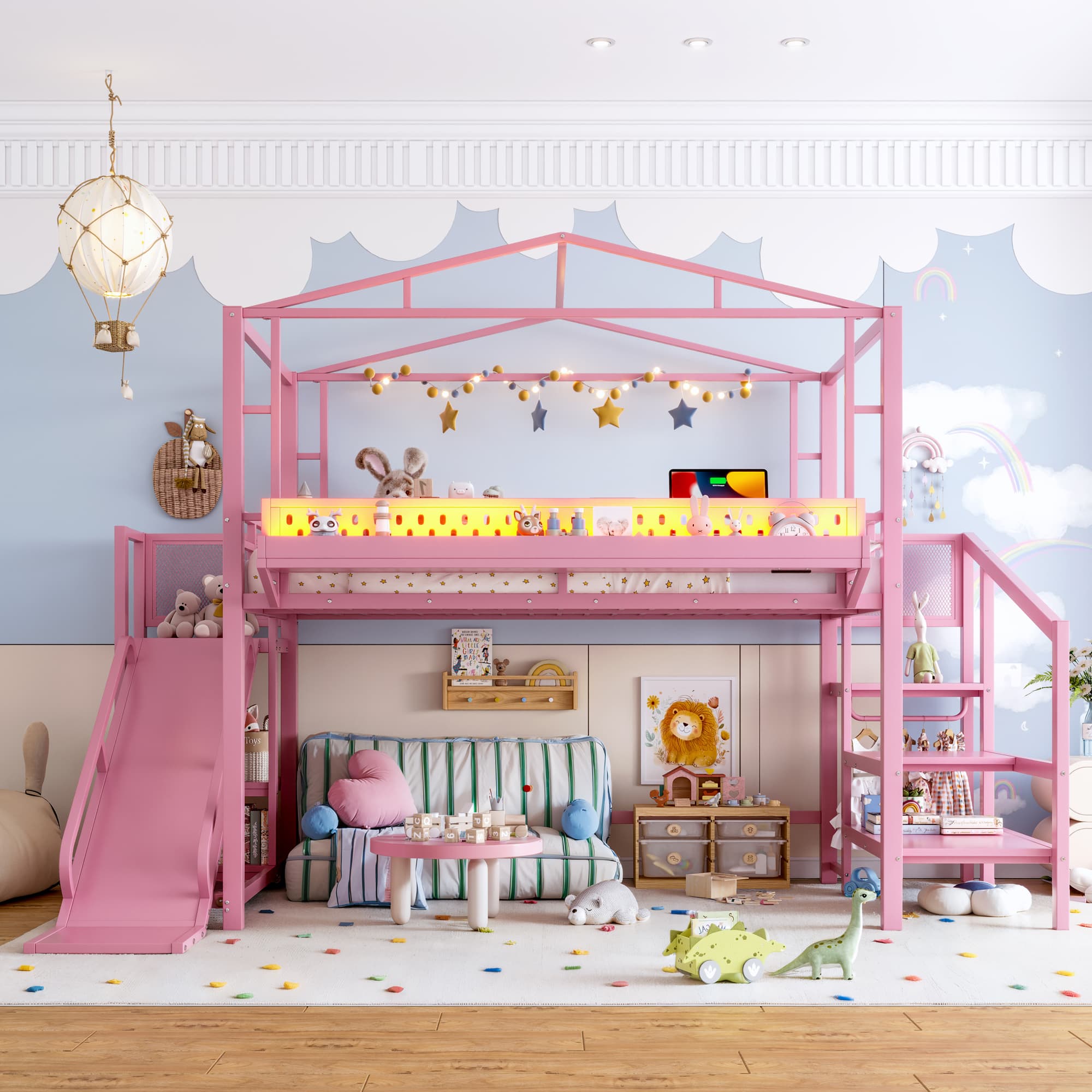 Full Size Loft Bed With Storage Stairs, Shelves And Built-in Wardrobe, Metal Loft Bed Frame With USB Ports And LED Lights, Noise-reduced Design, Pink