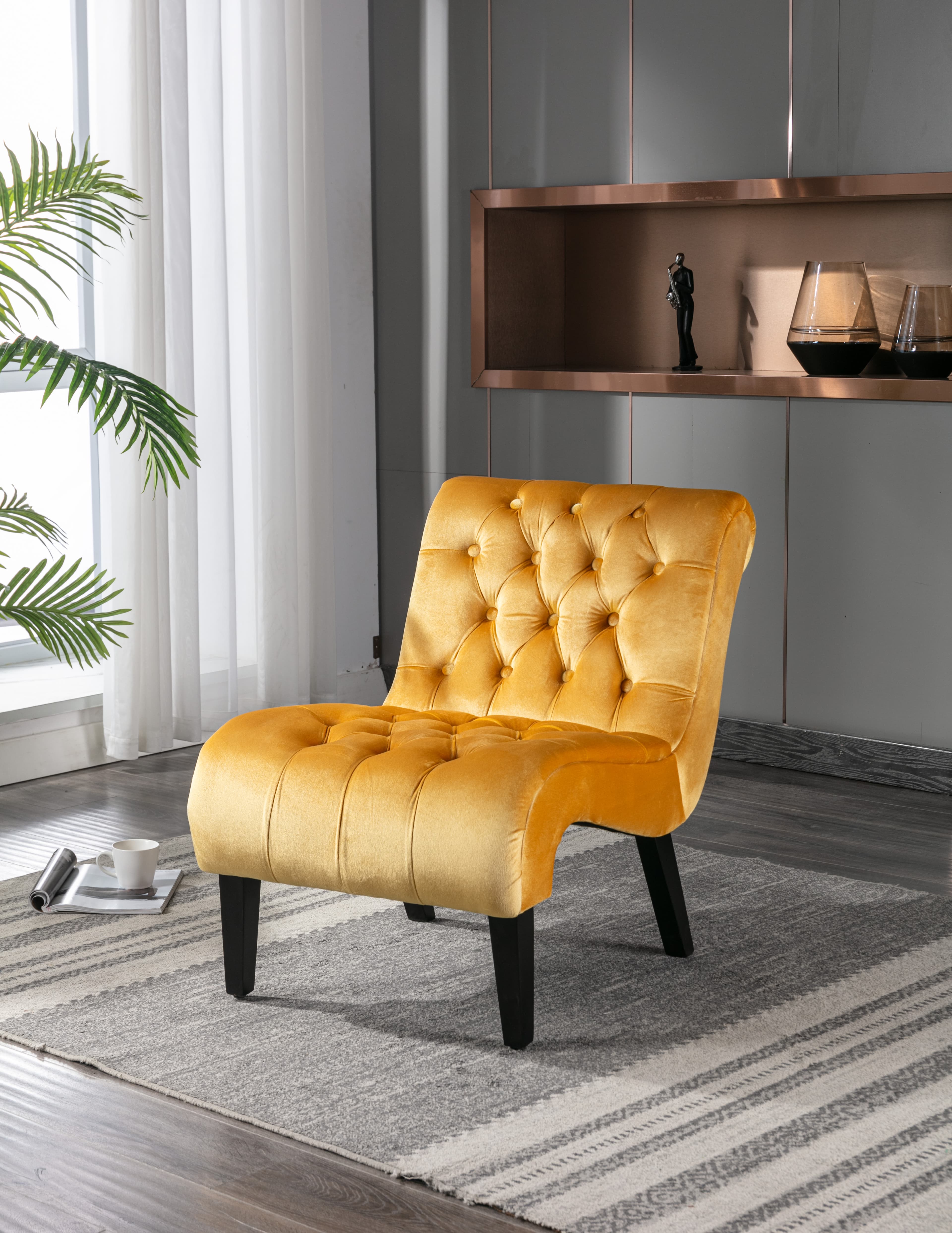 COOLMORE Modern Velvet Armless Accent Living Room Chair   Leisure Chair,Upholstered Fabric Button Comfortable Chair With Wooden Legs For Bedroom, Living Room, Office  Mustard Velvet 4