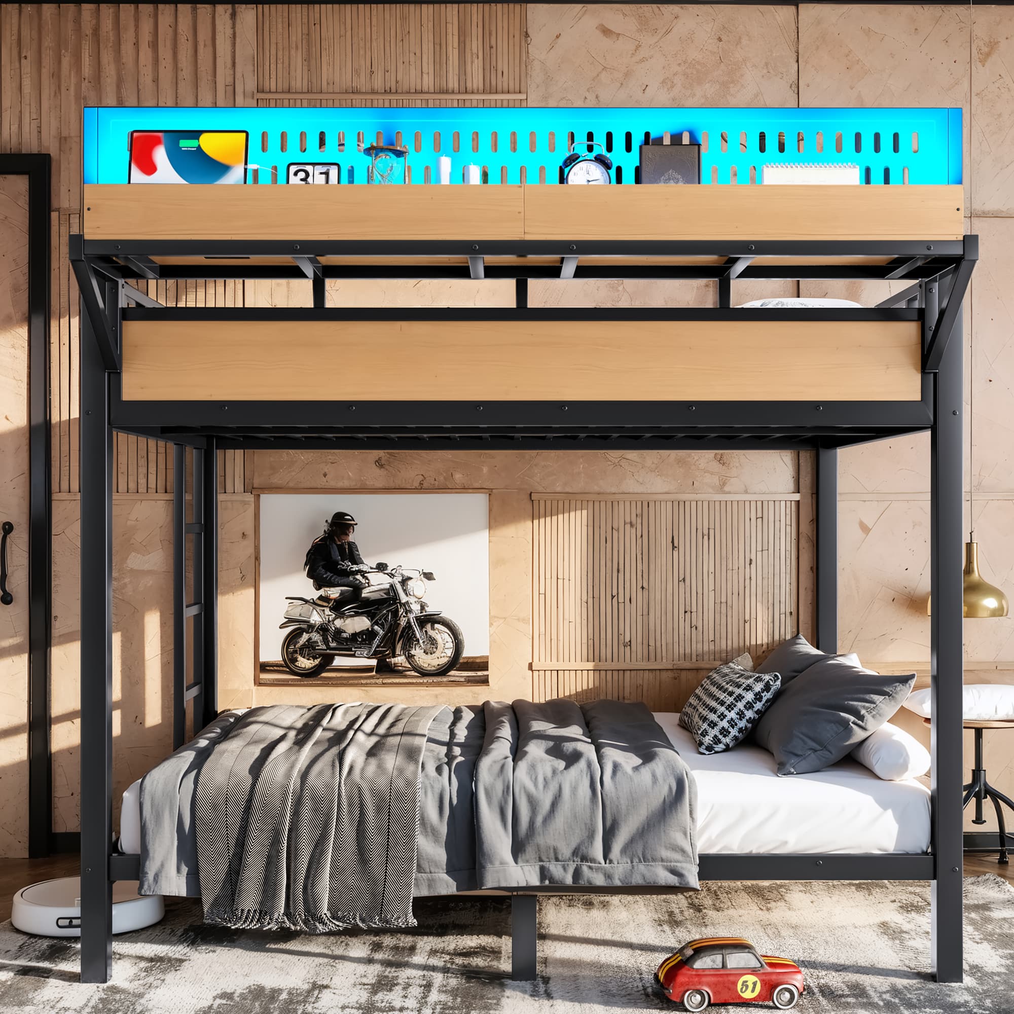 Full Over Full Size Metal Bunk Bed With Storage Shelves And Pegboard, Bunk Bed Frame With USB Ports And LED Lights, Space-Saving, For Teens And Adults, Natural 3