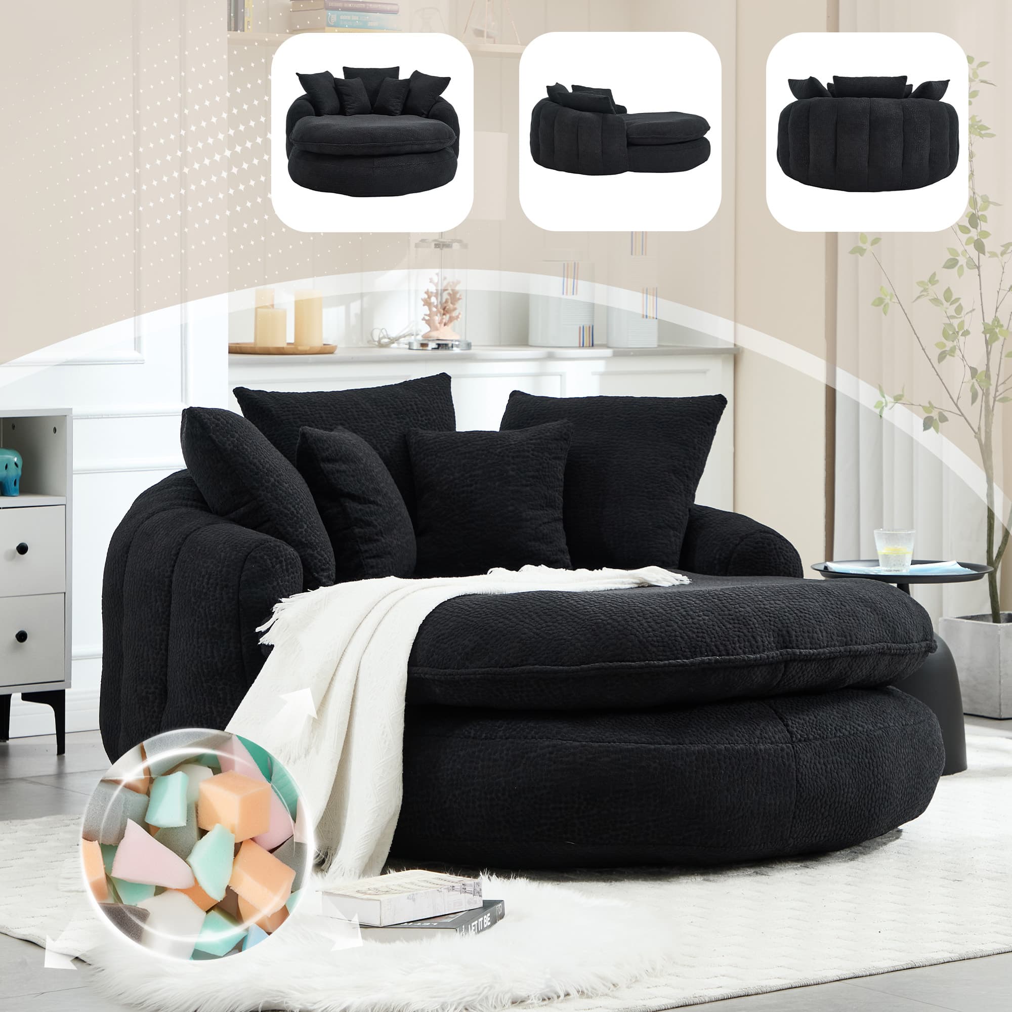 Oversized Oval Upholstered Bean Bag Sofa, Lazy Sofa With 3 Large Pillows And 2 Small Pillows, Wrap Around Backrest For Adults, Chenille Fabric Lazy Floor Bean Bag Sofa 2