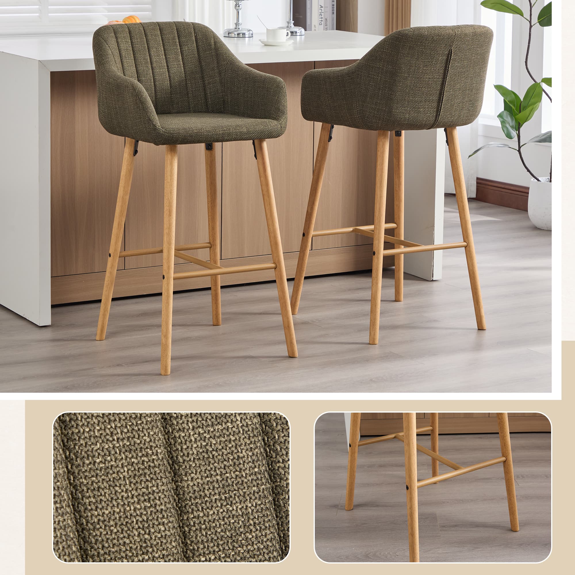 Modern Bar Stools Set Of 2, Kitchen Island Tall Chairs With Back, Arm, Footrest And Solid Wood Leg, Linen Fabric Upholstered Bar Stools 5