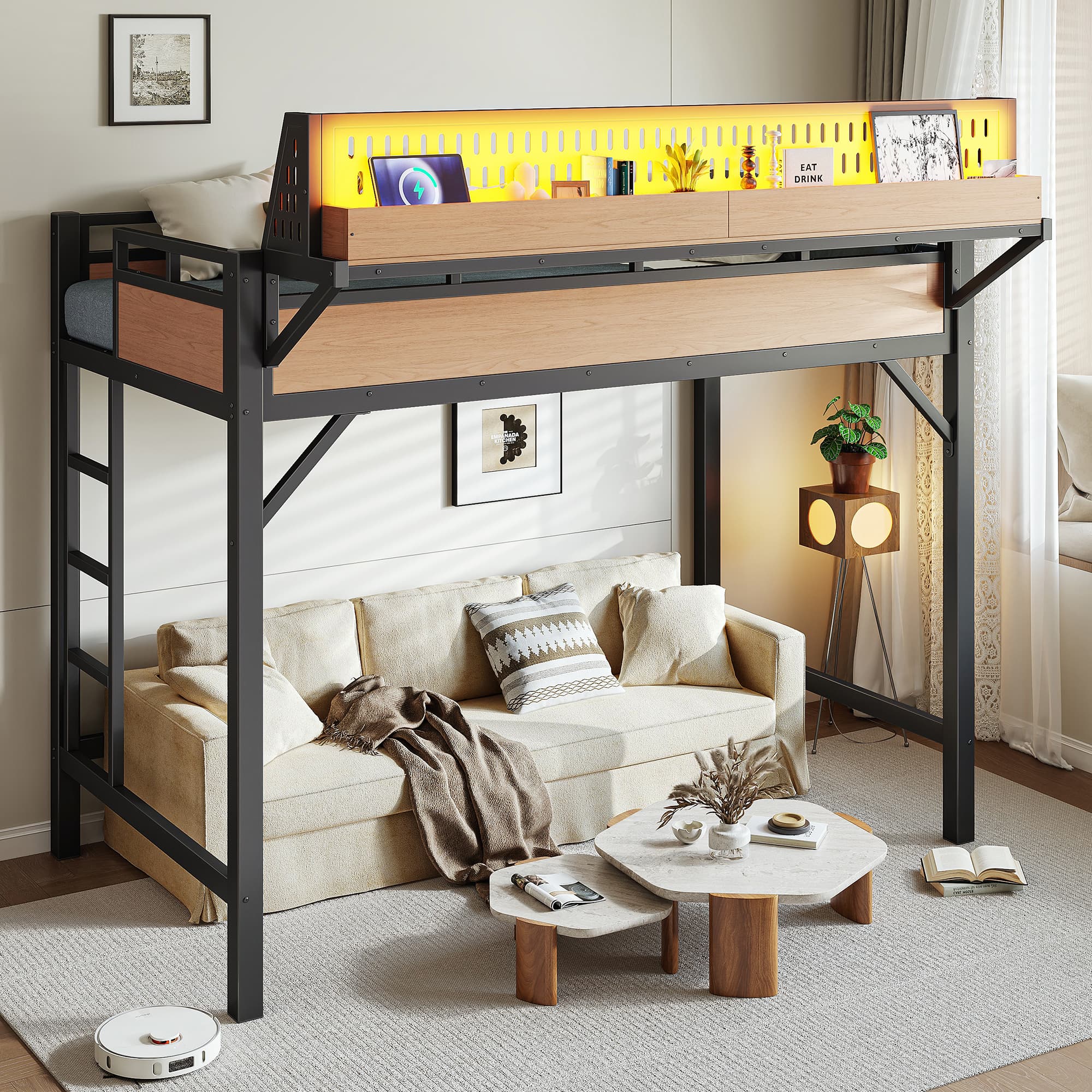 Twin XL Size Loft Bed Frame With Storage Shelves And Pegboard, Metal Loft Bed With USB Ports And LED Lights, Safe And Sturdy, Natural 3