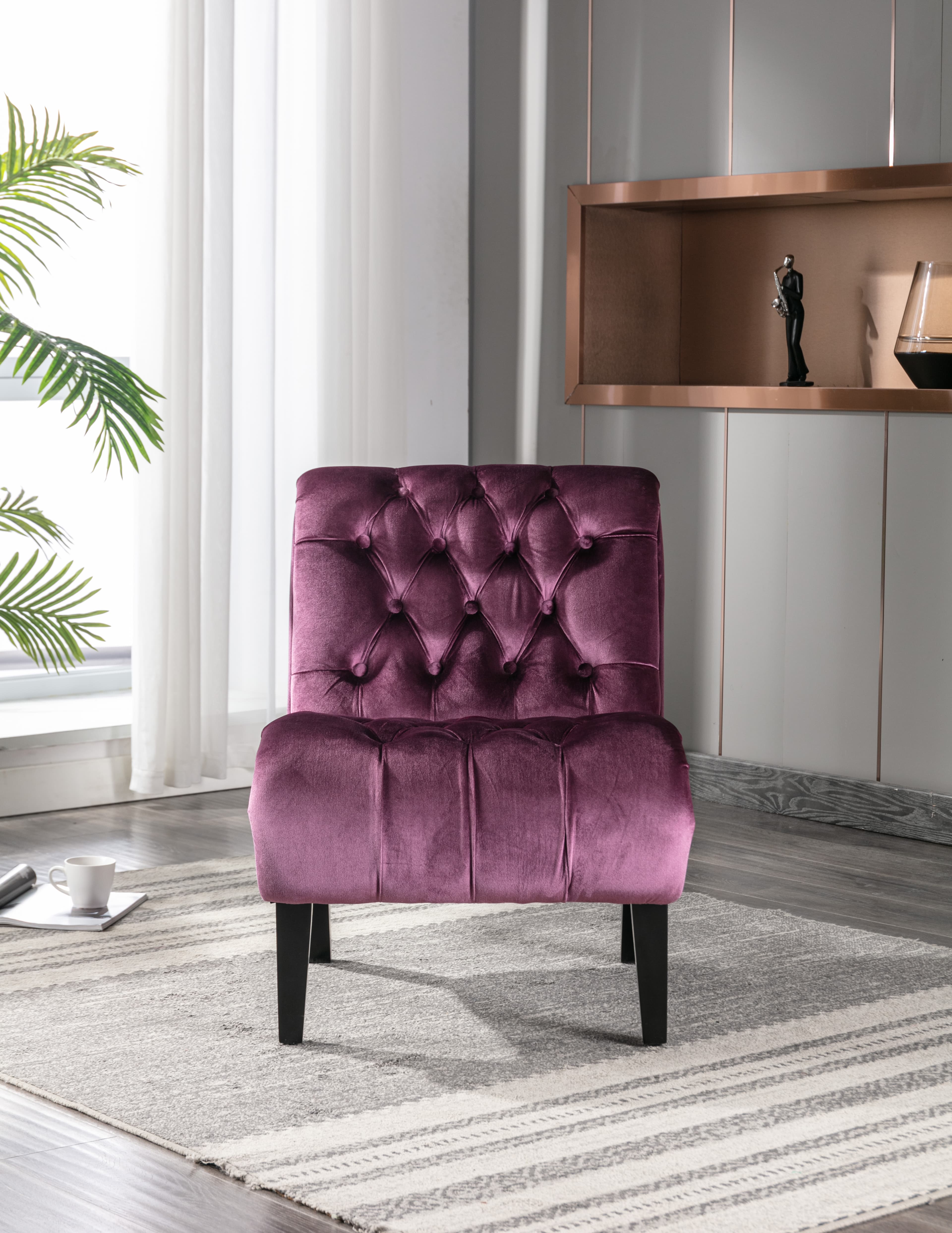 COOLMORE Modern Velvet Armless Accent Living Room Chair   Leisure Chair,Upholstered Fabric Button Comfortable Chair With Wooden Legs For Bedroom, Living Room, Office  Purple Velvet
