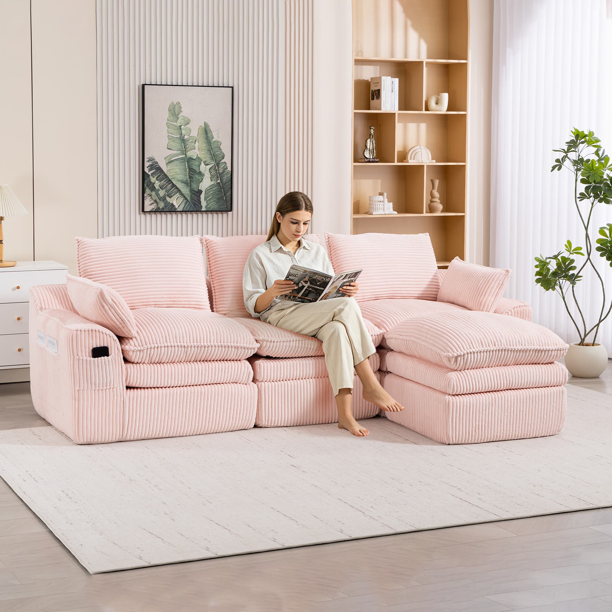 L Shaped Compressed Modular Sectional Sofa Modern Corduroy Upholstered Boneless Couches With Movable Footstool,With Three Pillows And Two Lumbar Pillows,Detachable Cloud Seat Cushions