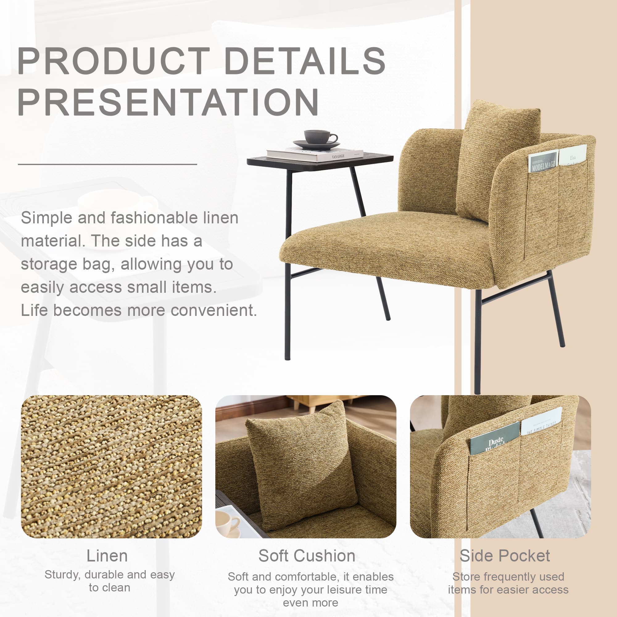 Leisure Chair, Lounge Relaxing Chair With Small Table And Back Pillow, Modern Upholstered Chairs With Metal Legs And Side Pockets , Single Sofa For Living Room Bedroom Garden