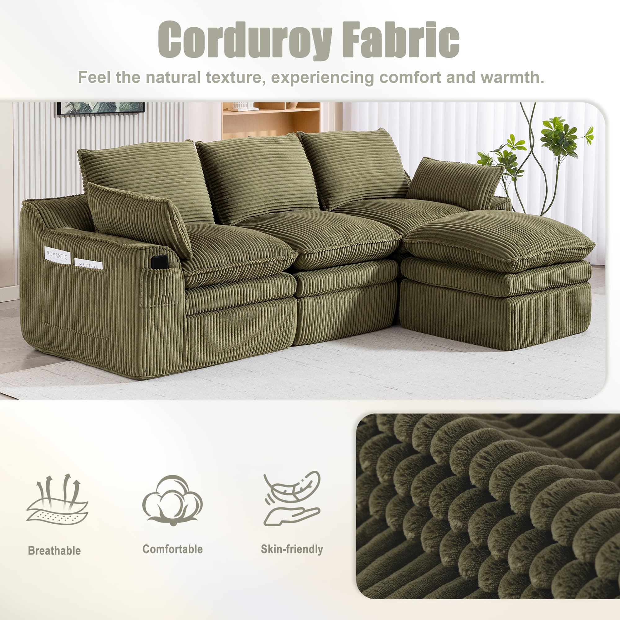 L Shaped Compressed Modular Sectional Sofa Modern Corduroy Upholstered Boneless Couches With Movable Footstool,With Three Pillows And Two Lumbar Pillows,Detachable Cloud Seat Cushions 2