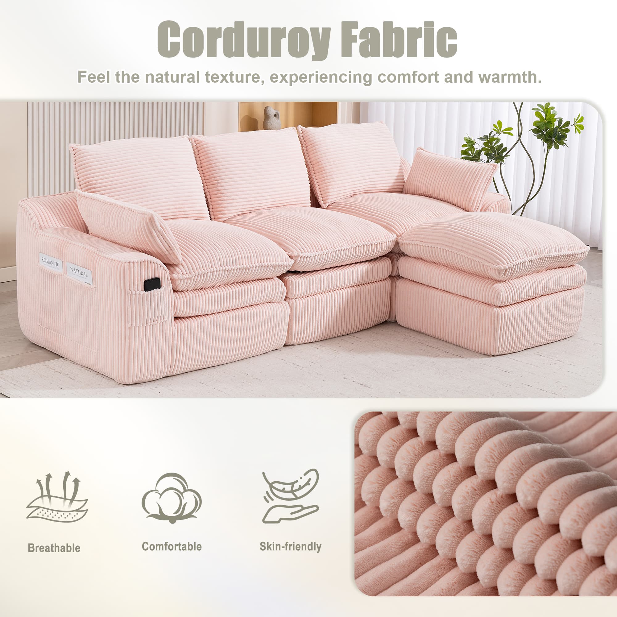 L Shaped Compressed Modular Sectional Sofa Modern Corduroy Upholstered Boneless Couches With Movable Footstool,With Three Pillows And Two Lumbar Pillows,Detachable Cloud Seat Cushions 5